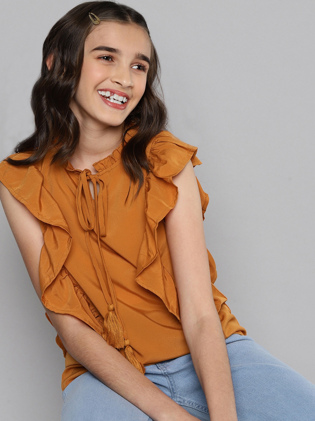 

M&H Juniors Girls Mustard Yellow Tie-Up Neck Ruffles Top