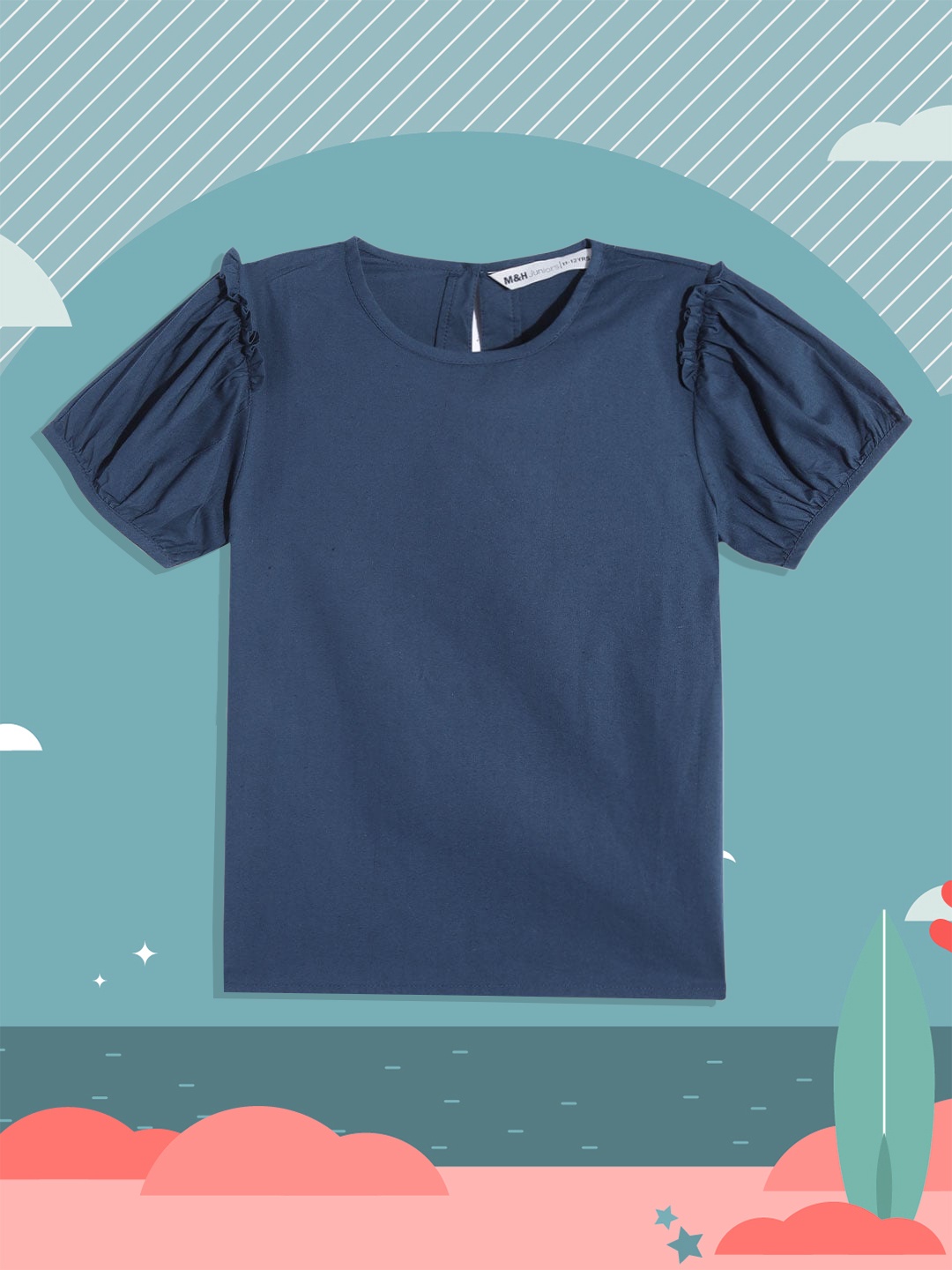 

M&H Juniors Girls Navy Blue Solid Pure Cotton Puff Sleeves Top