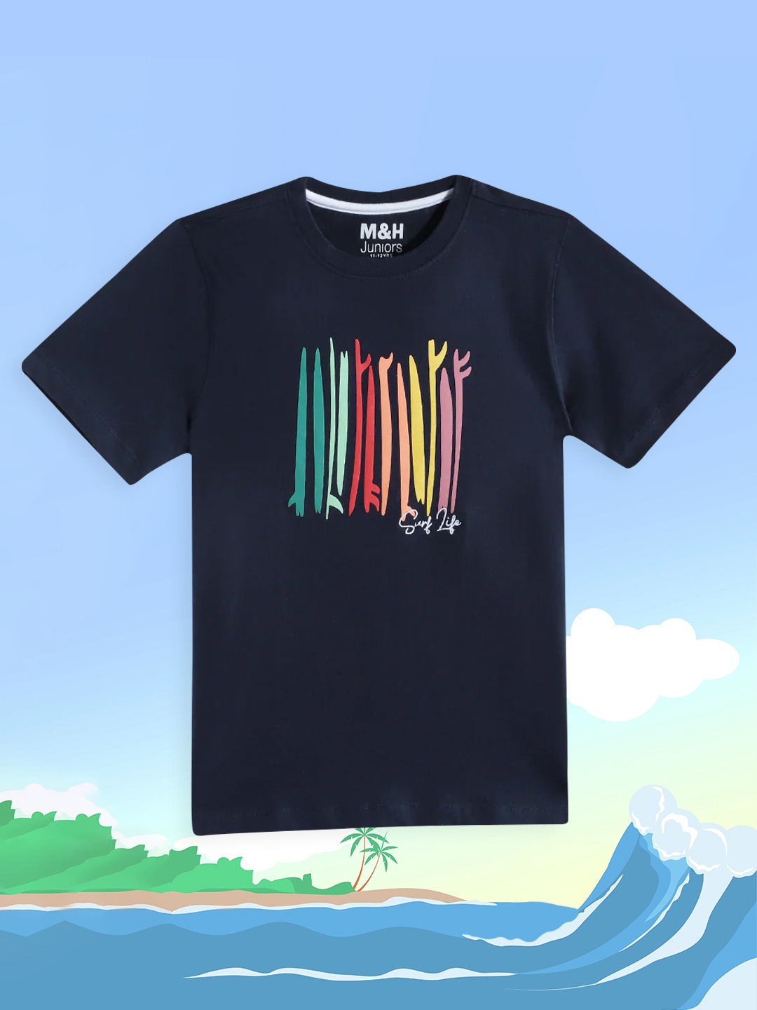 

M&H Juniors Boys Navy Blue Printed Pure Cotton T-shirt