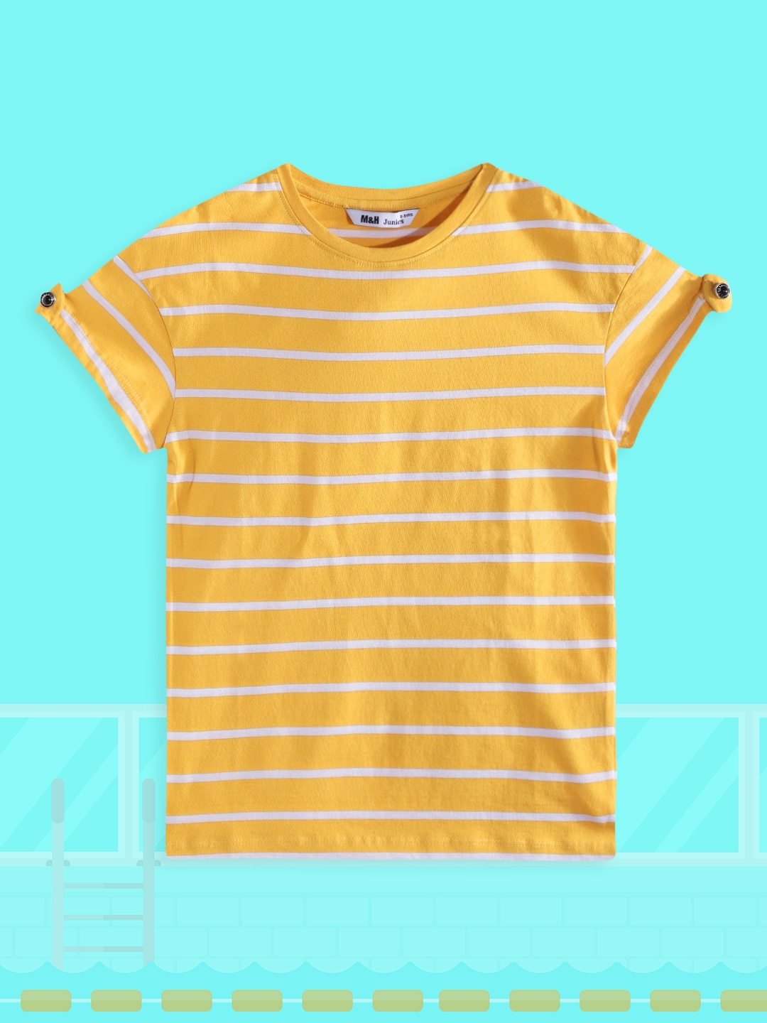 

M&H Juniors Girls Mustard Yellow & White Striped Roll-Up Sleeves Cotton T-shirt