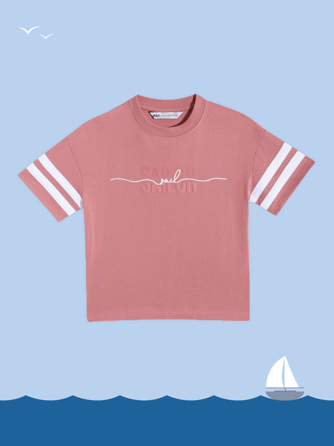 

M&H Juniors Girls Peach-Coloured & White Typography Printed Drop-Shoulder Sleeves Pure Cotton T-shirt