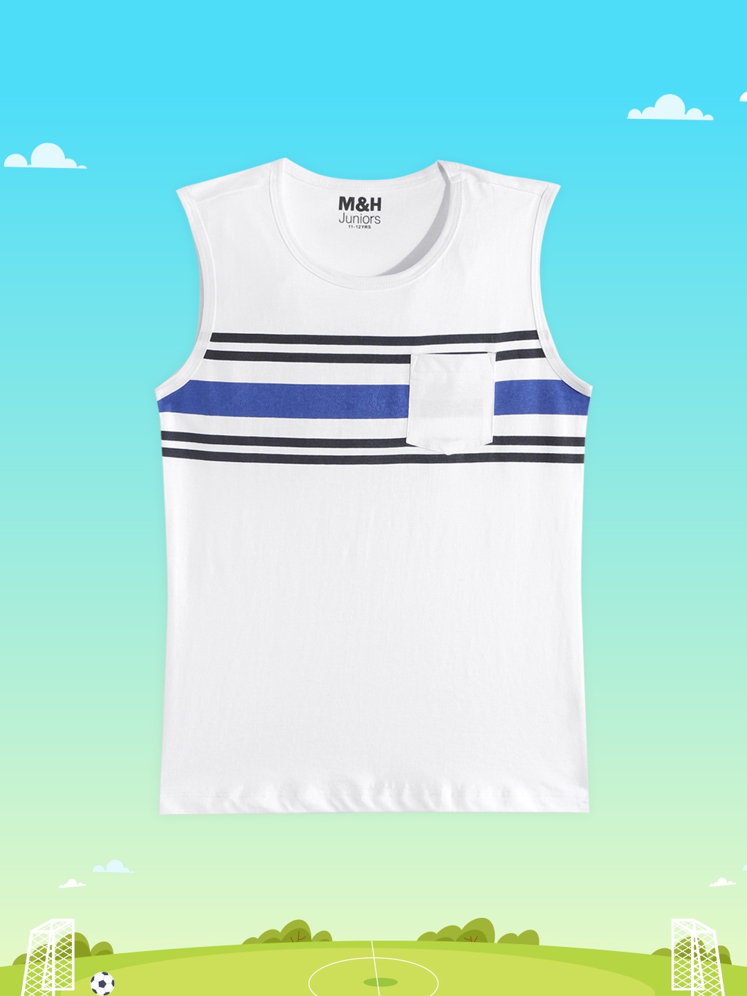 

M&H Juniors Boys White & Blue Striped Pure Cotton T-shirt