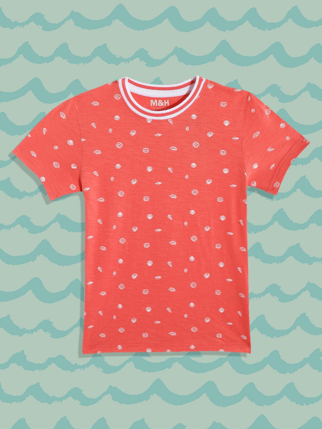 

M&H Juniors Boys Coral Red & White Ditsy Conversational Printed Cotton T-shirt
