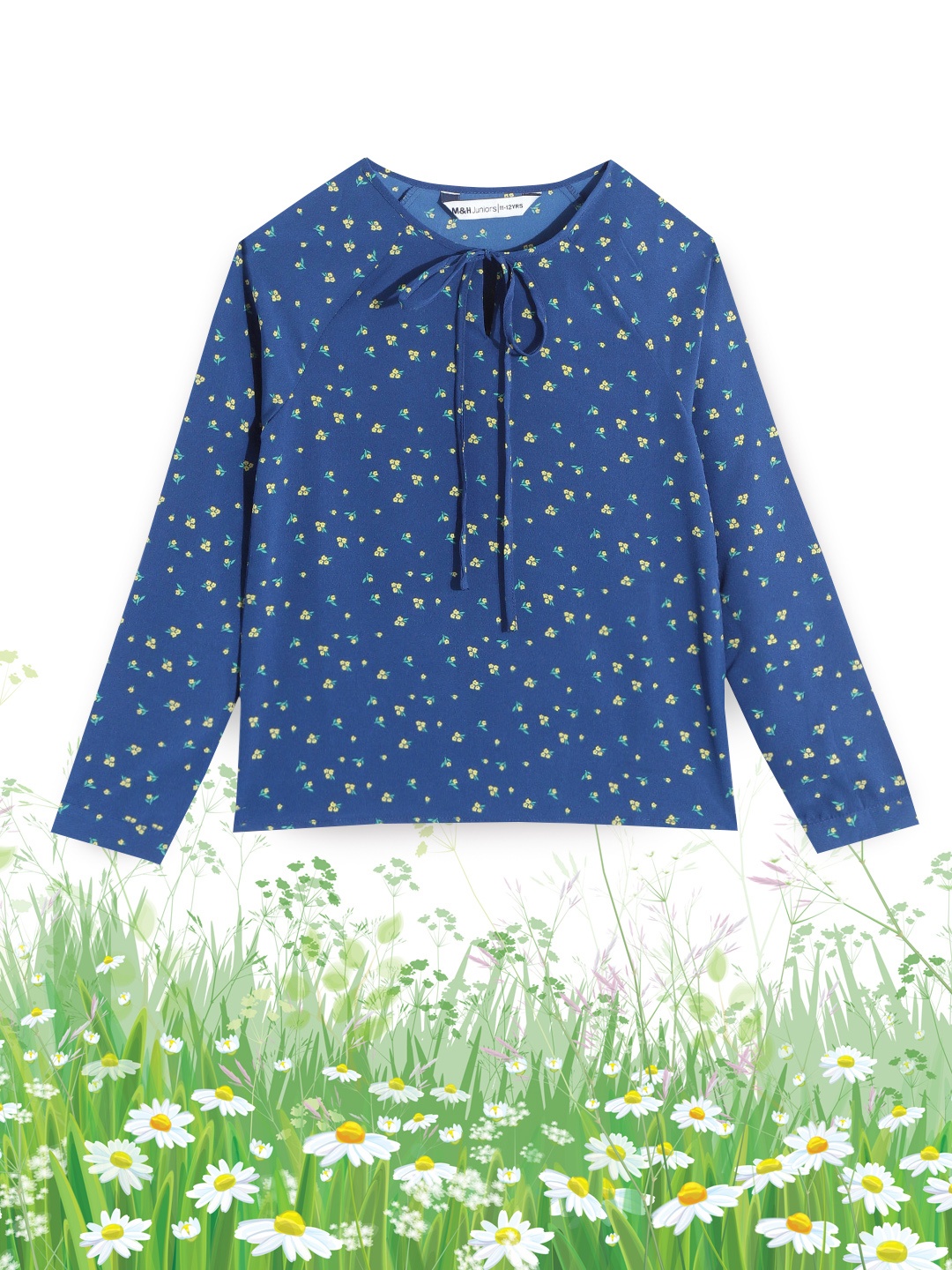 

M&H Juniors Girls Navy Blue & Yellow Ditsy Floral Print Tie-Up Neck Top