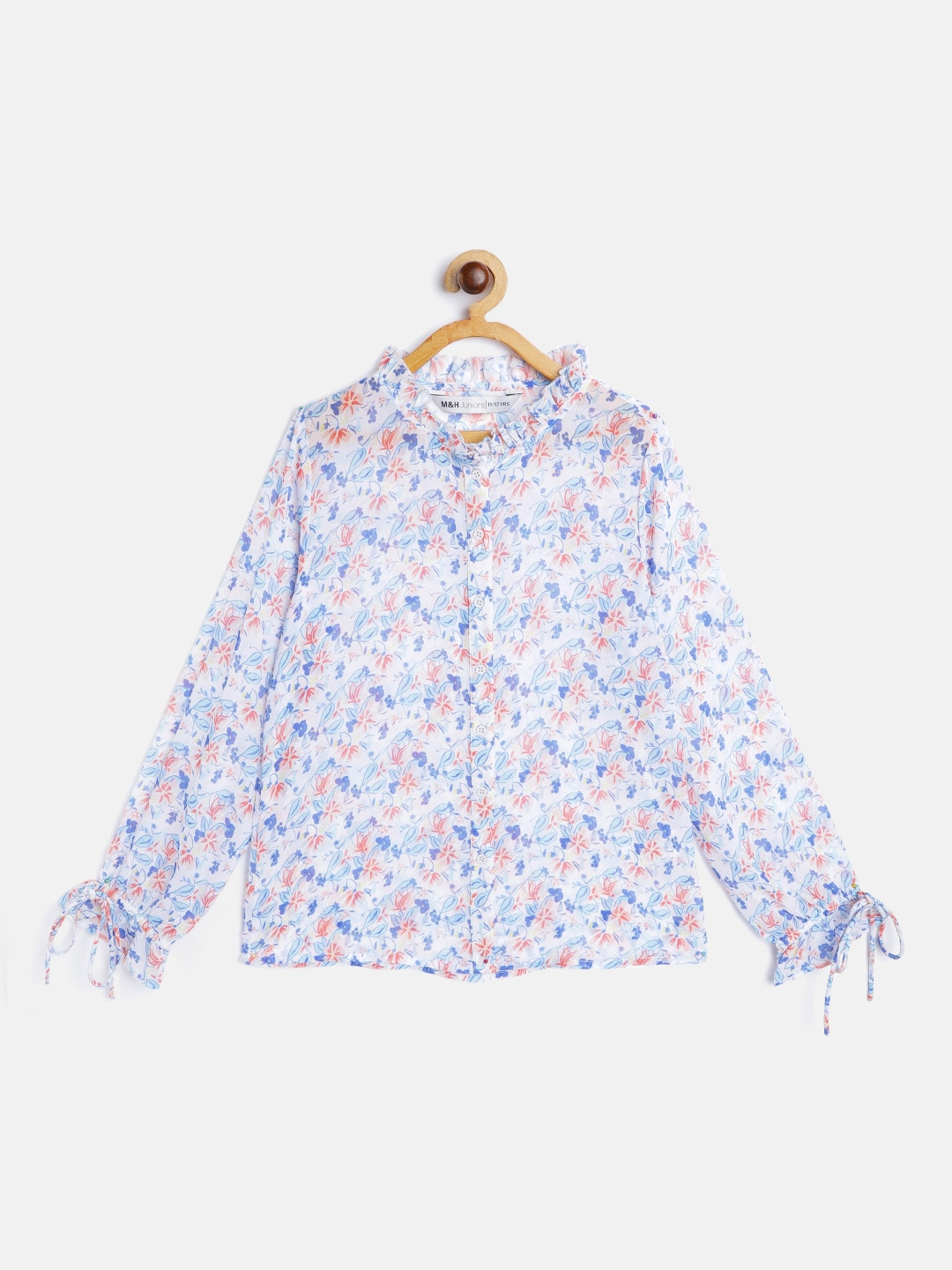 

M&H Juniors Girls White & Blue Floral Print Semi Sheer Regular Top