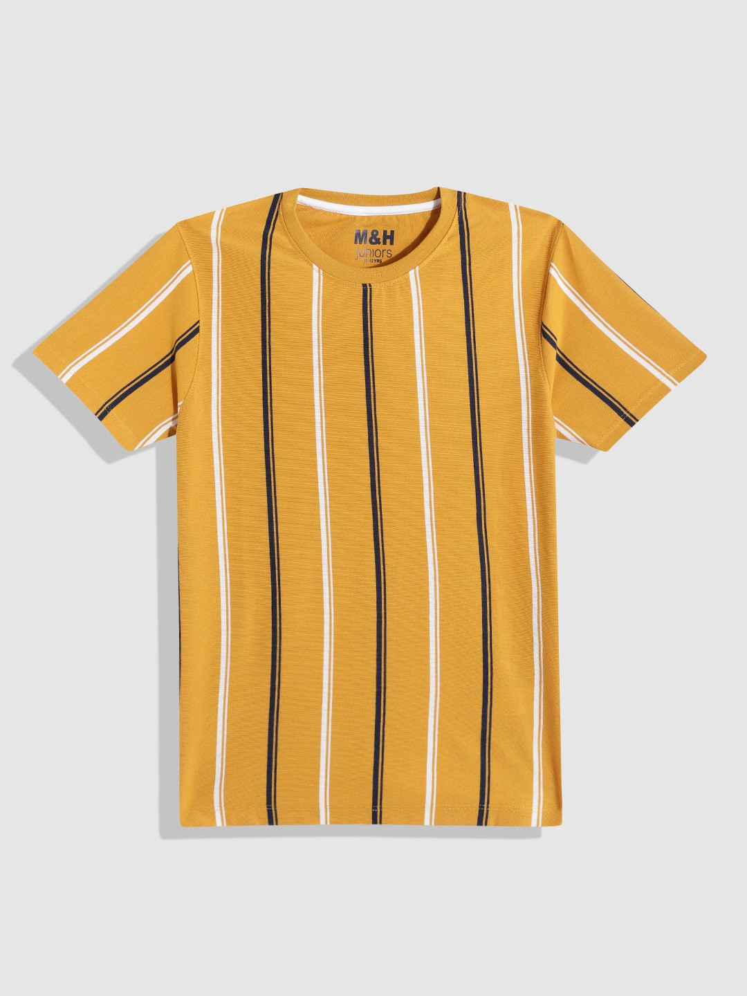 

M&H Juniors Boys Mustard Yellow & White Striped Pure Cotton T-shirt