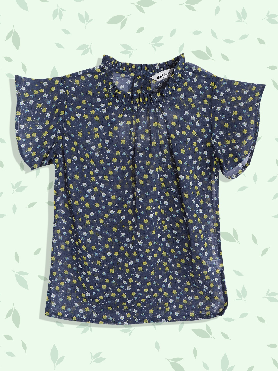 

M&H Juniors Girls Navy Blue & Yellow Floral Print Top