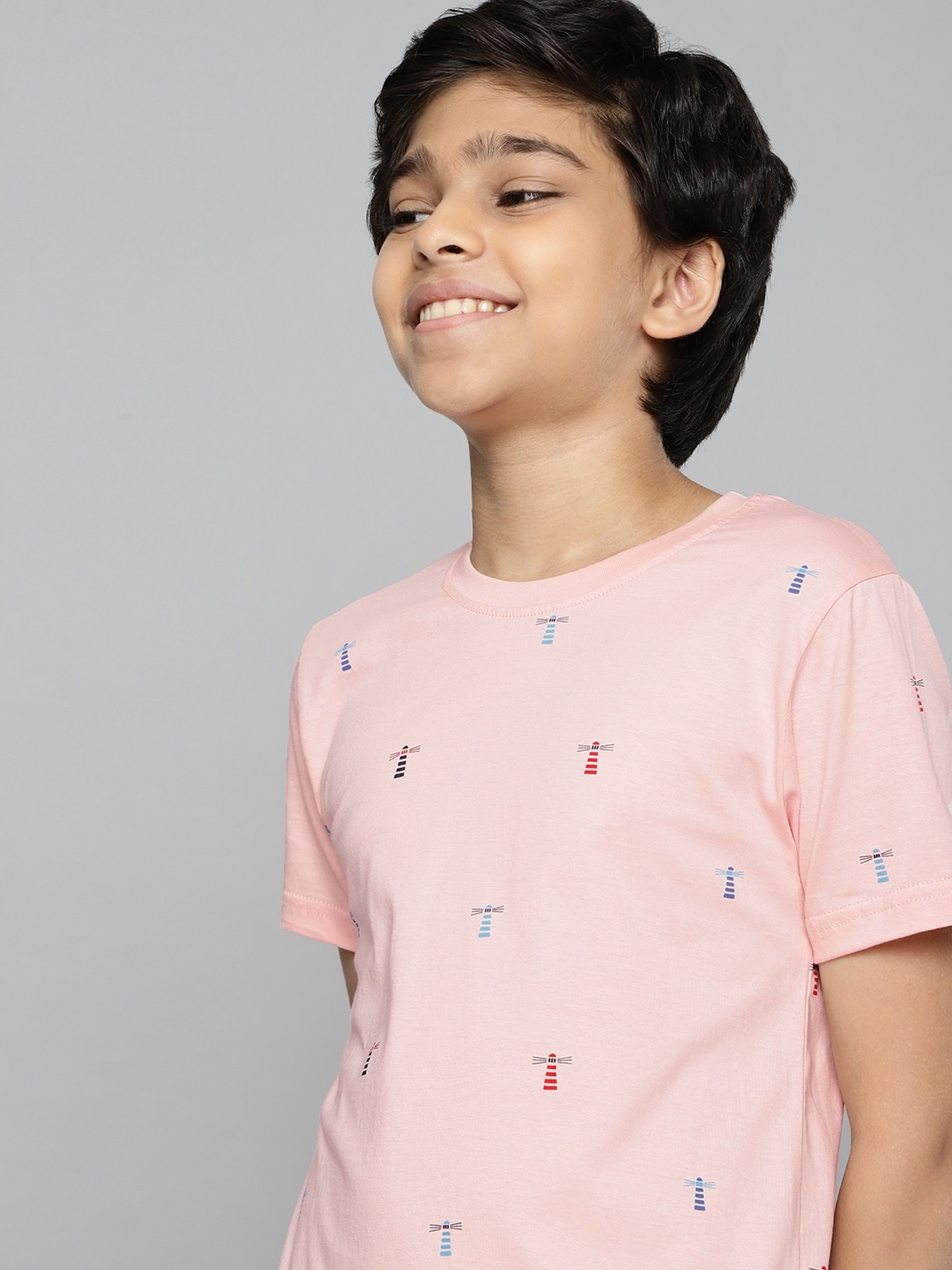 

M&H Juniors Boys Peach-Coloured & Blue Printed Cotton T-shirt