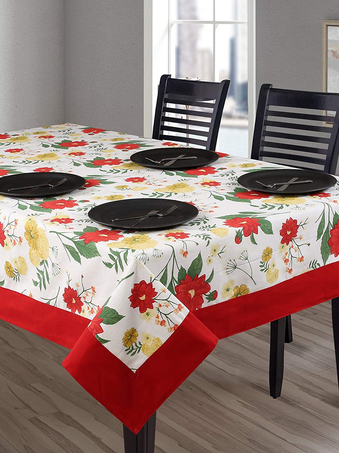 

SHADES of LIFE Red & Green Floral Printed Cotton 6-Seater Table Covers