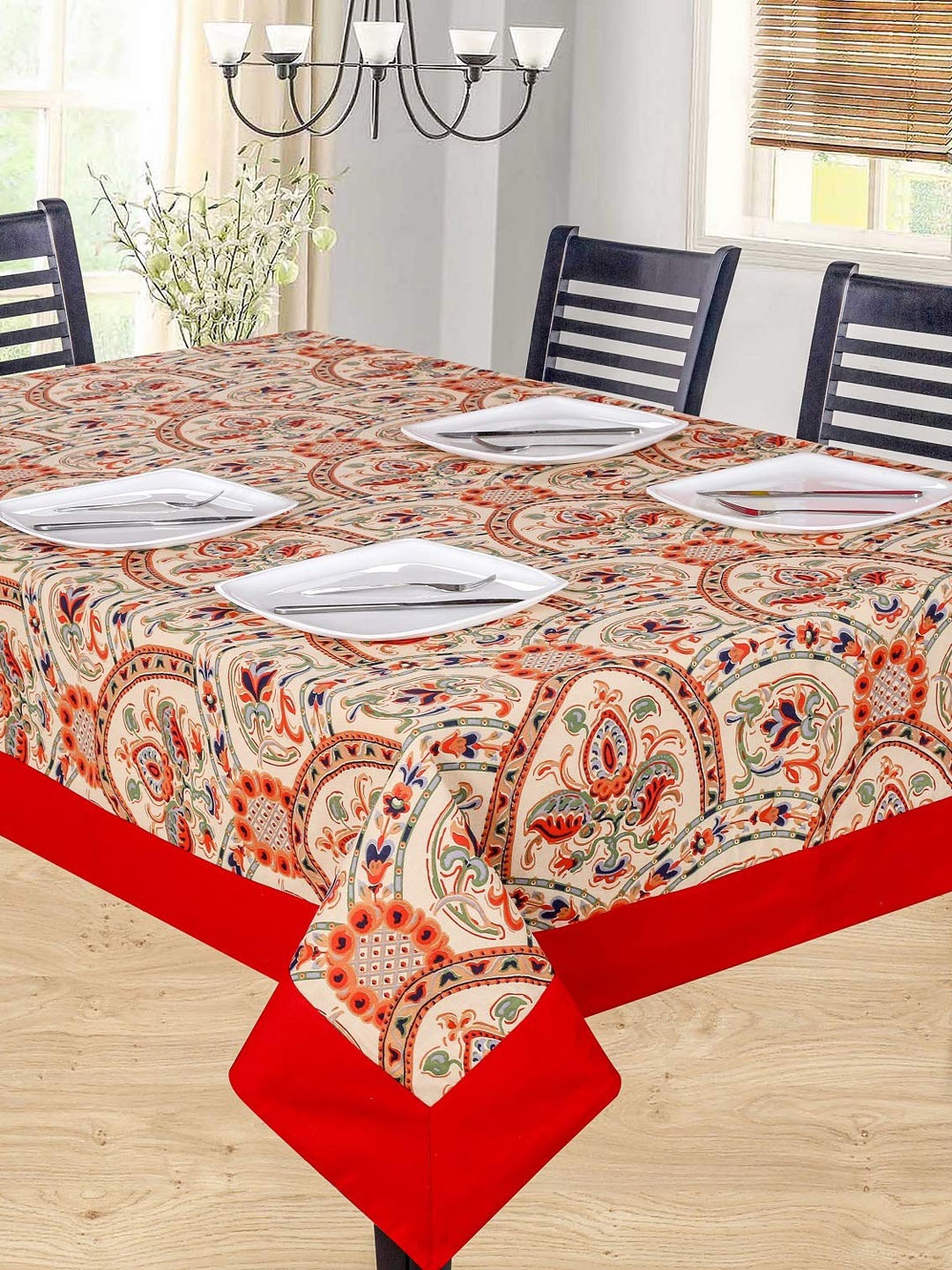 

SHADES of LIFE Beige & Red Floral Printed 6-Seater Rectangle Cotton Table Cover