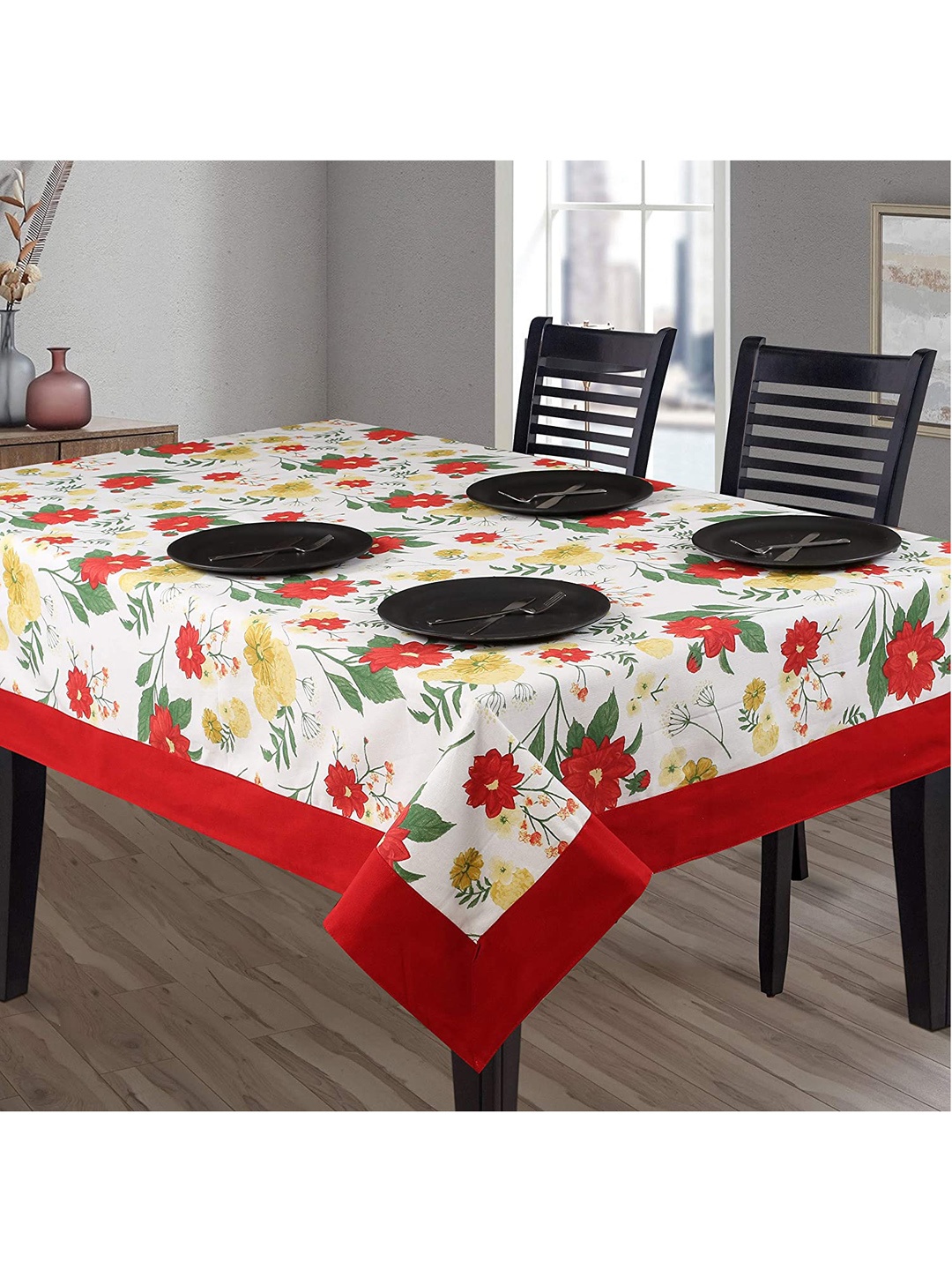 

SHADES of LIFE White & Red Floral Printed Cotton 2-Seater Table Cover