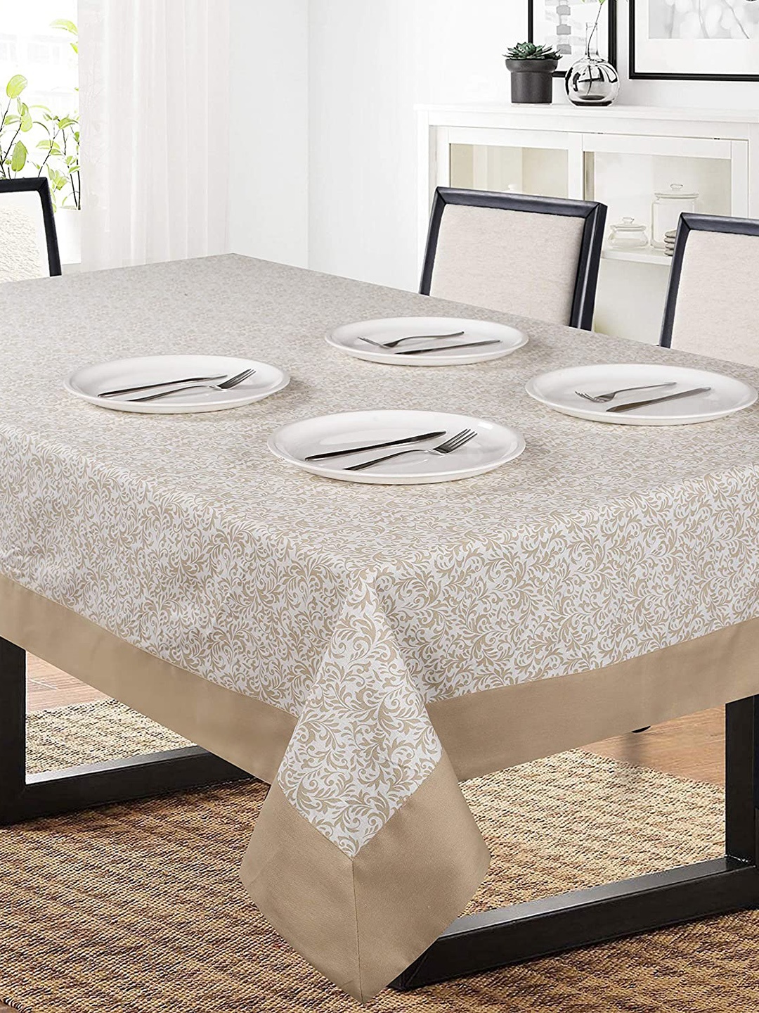 

SHADES of LIFE Beige & White Printed 6-Seater Rectangle Cotton Table Cover