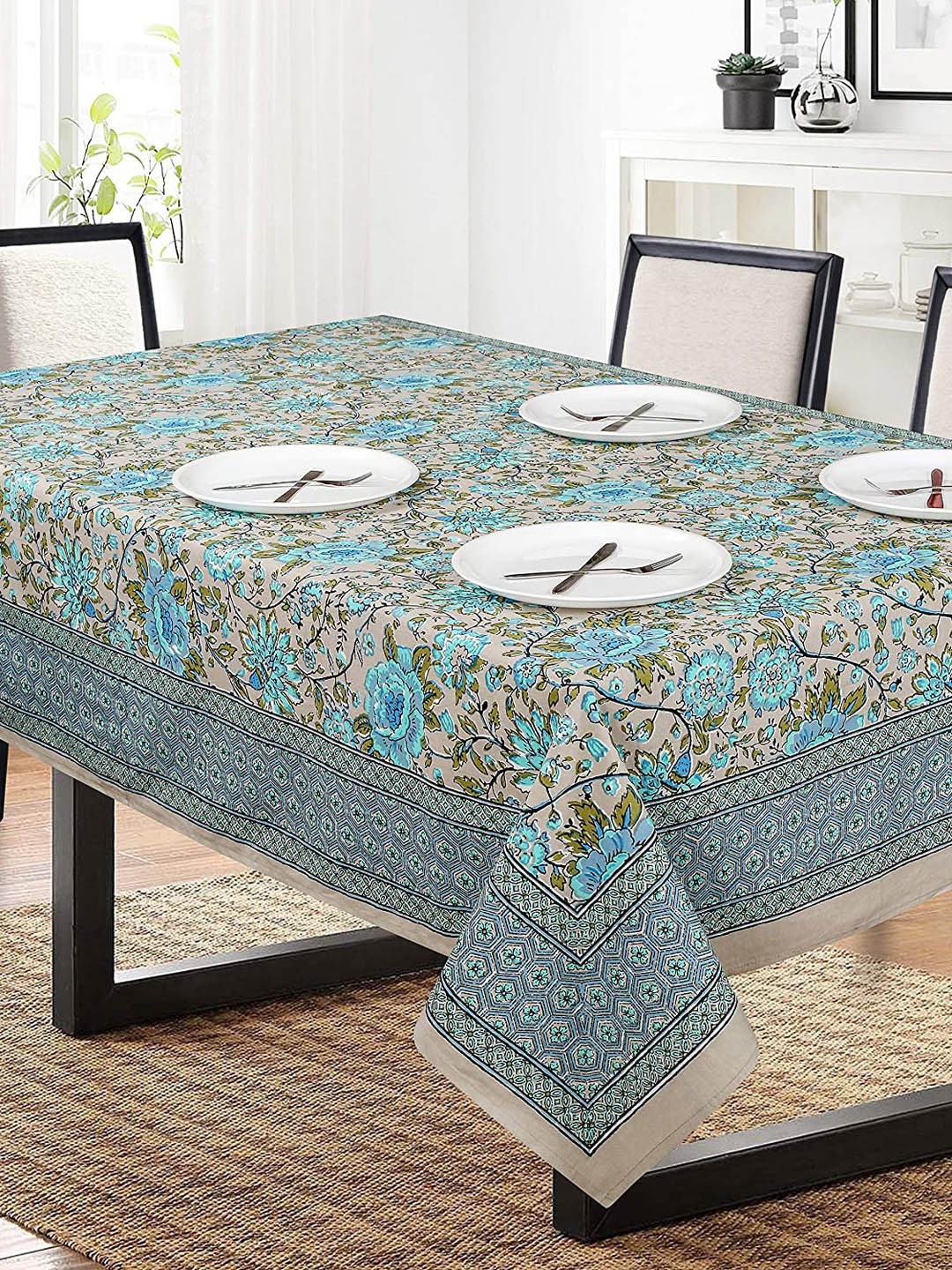 

SHADES of LIFE Turquoise Blue & Pink Floral Printed Cotton 6-Seater Table Cover