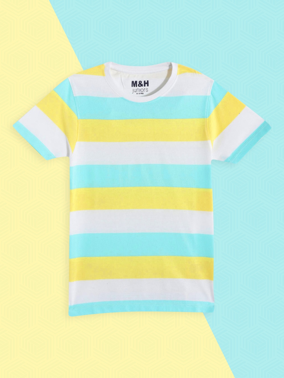 

M&H Juniors Boys White & Yellow Striped Pure Cotton T-shirt