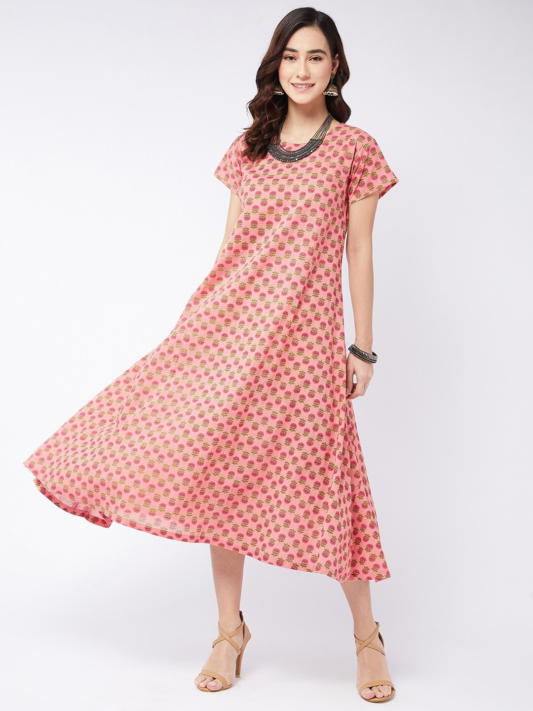 

InWeave Peach-Coloured & Green Ethnic Motifs Ethnic Cotton A-Line Midi Dress