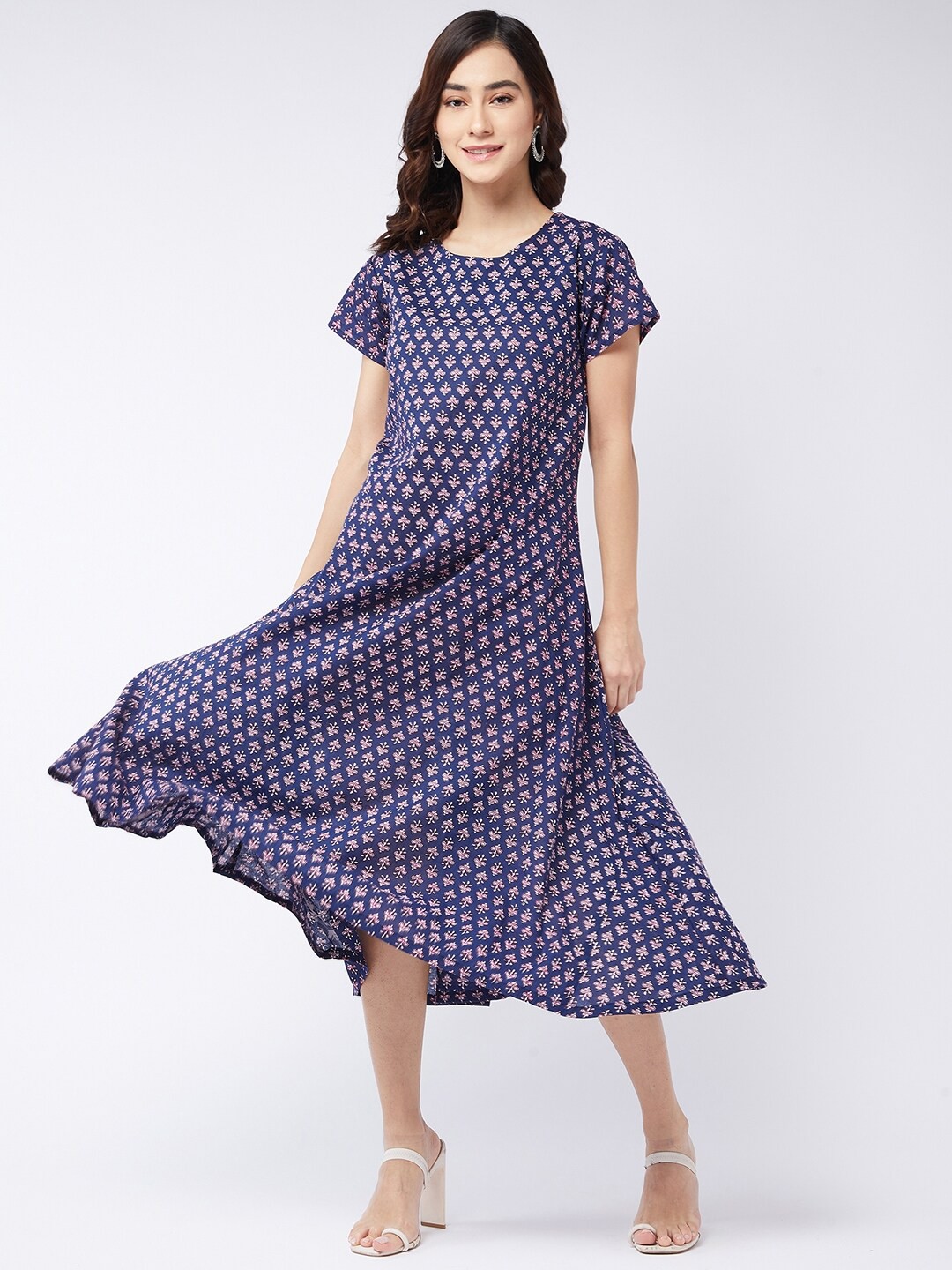 

InWeave Navy Blue & Coral Ethnic Motifs Midi Cotton Dress