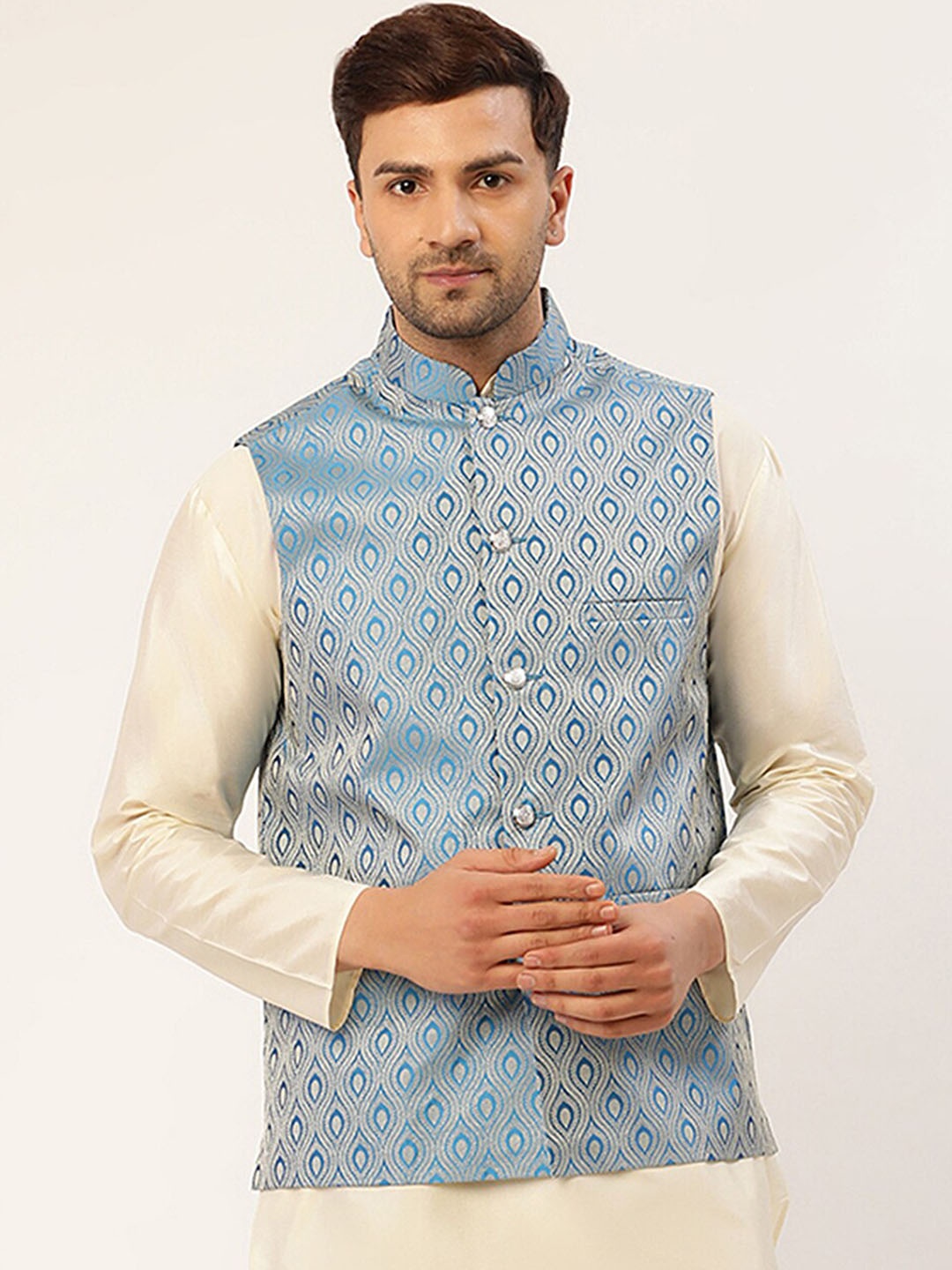 

Jompers Men Blue & Silver Toned Woven Design Nehru Jacket