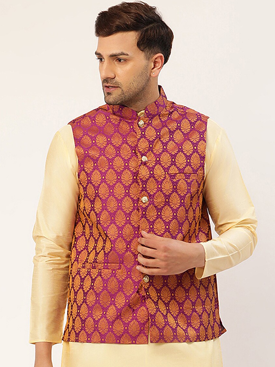 

Jompers Men Pink & Golden Colored Woven Design Waistcoat