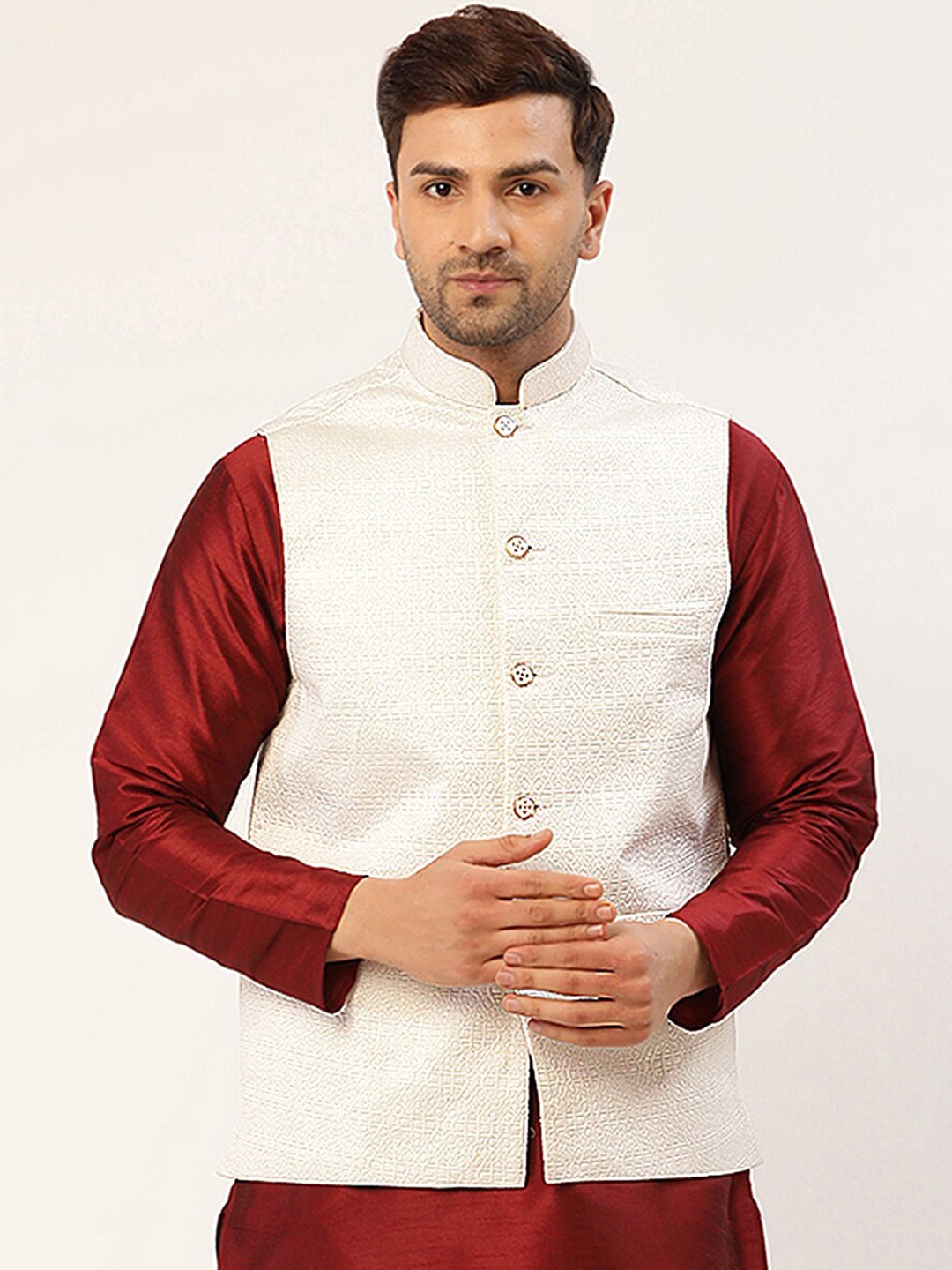 

Jompers Men White Embossed Nehru Jacket