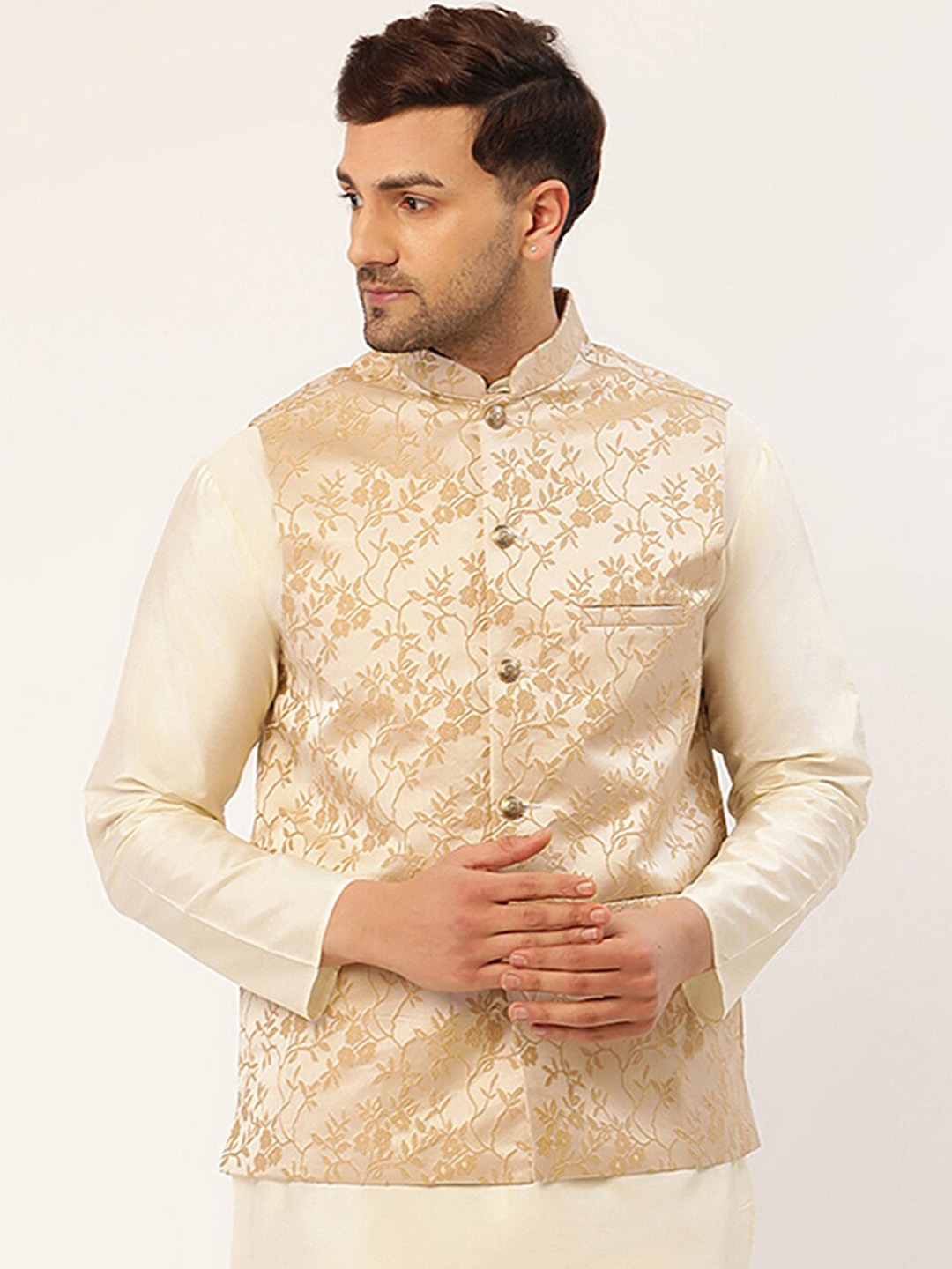

Jompers Men Beige Embossed Waistcoat