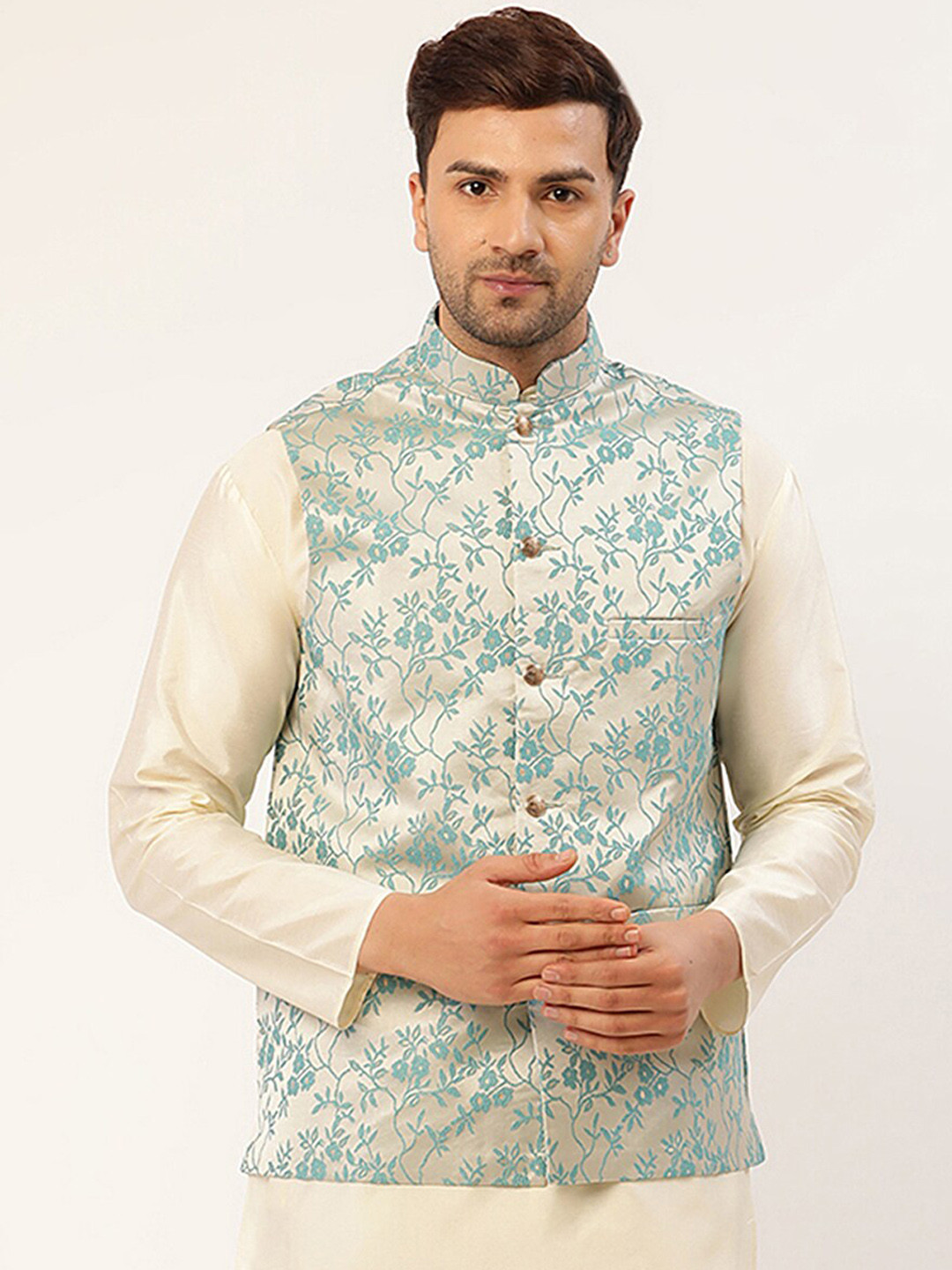 

Jompers Men Cream & Blue Woven Design Nehru Jacket