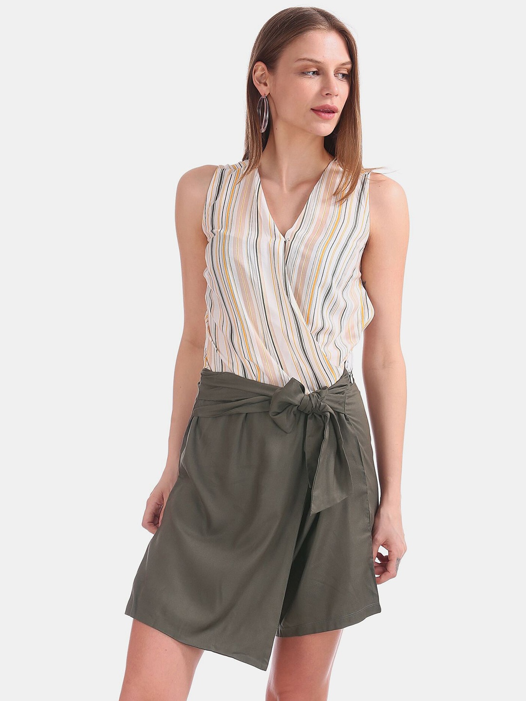 

Cherokee Women White & Multi Color Striped Playsuit