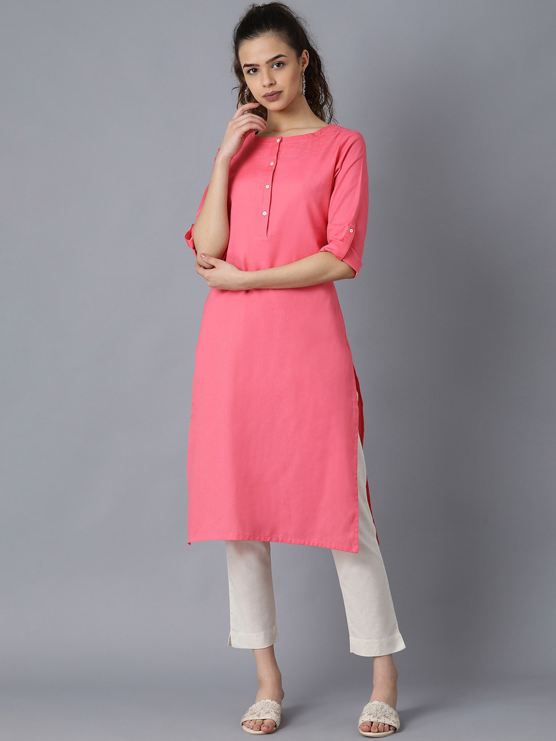 

W Women Solid Kurta, Yellow