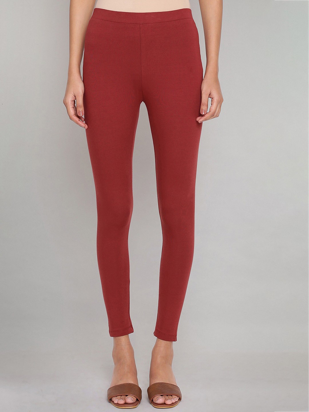 

W Women Brick Red Cotton Solid Leggings