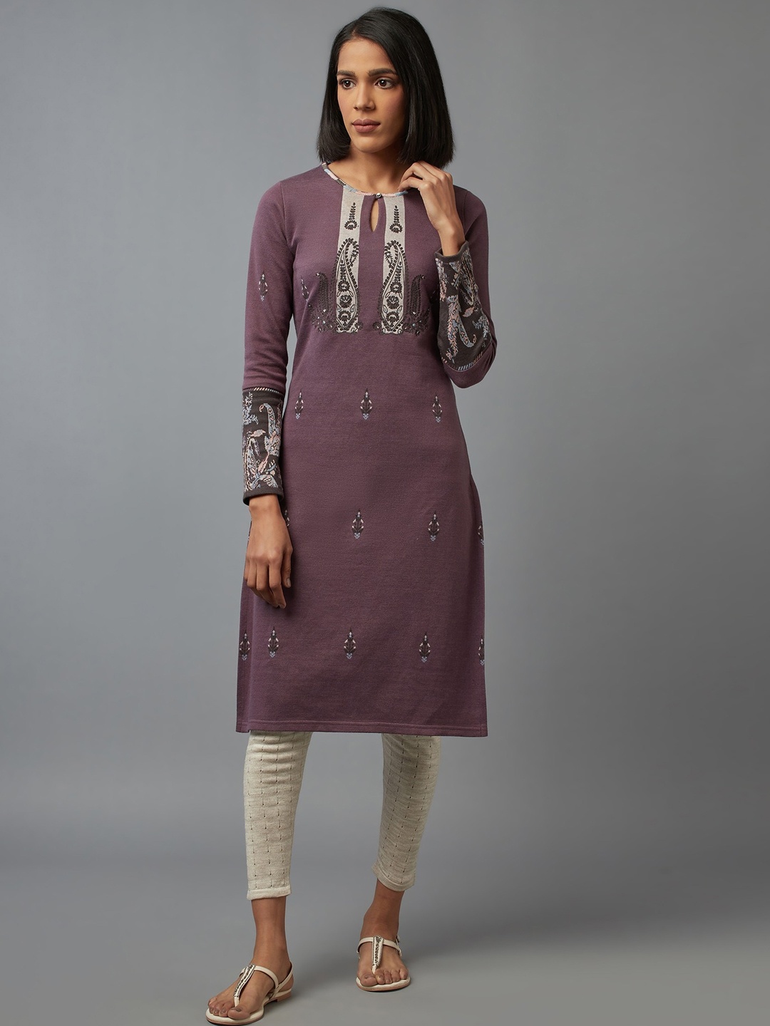 

W Women Purple Geometric Printed Thread Work Kurta