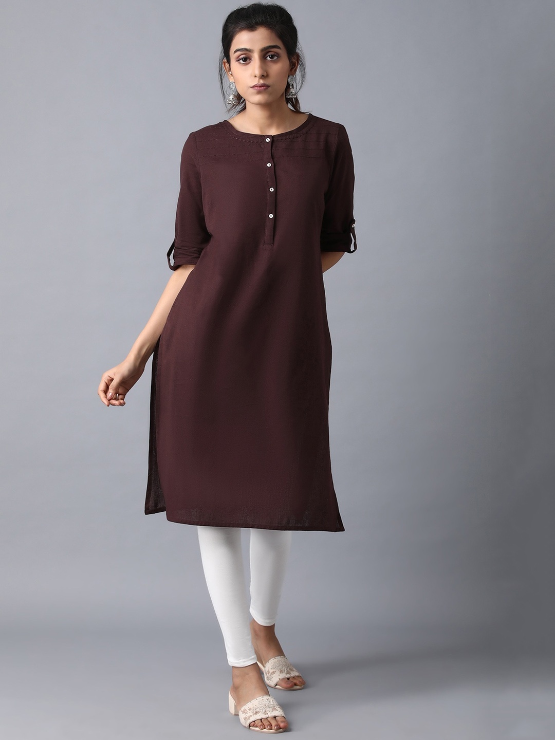 

W Women Brown Solid Round Neck A-Line Kurta