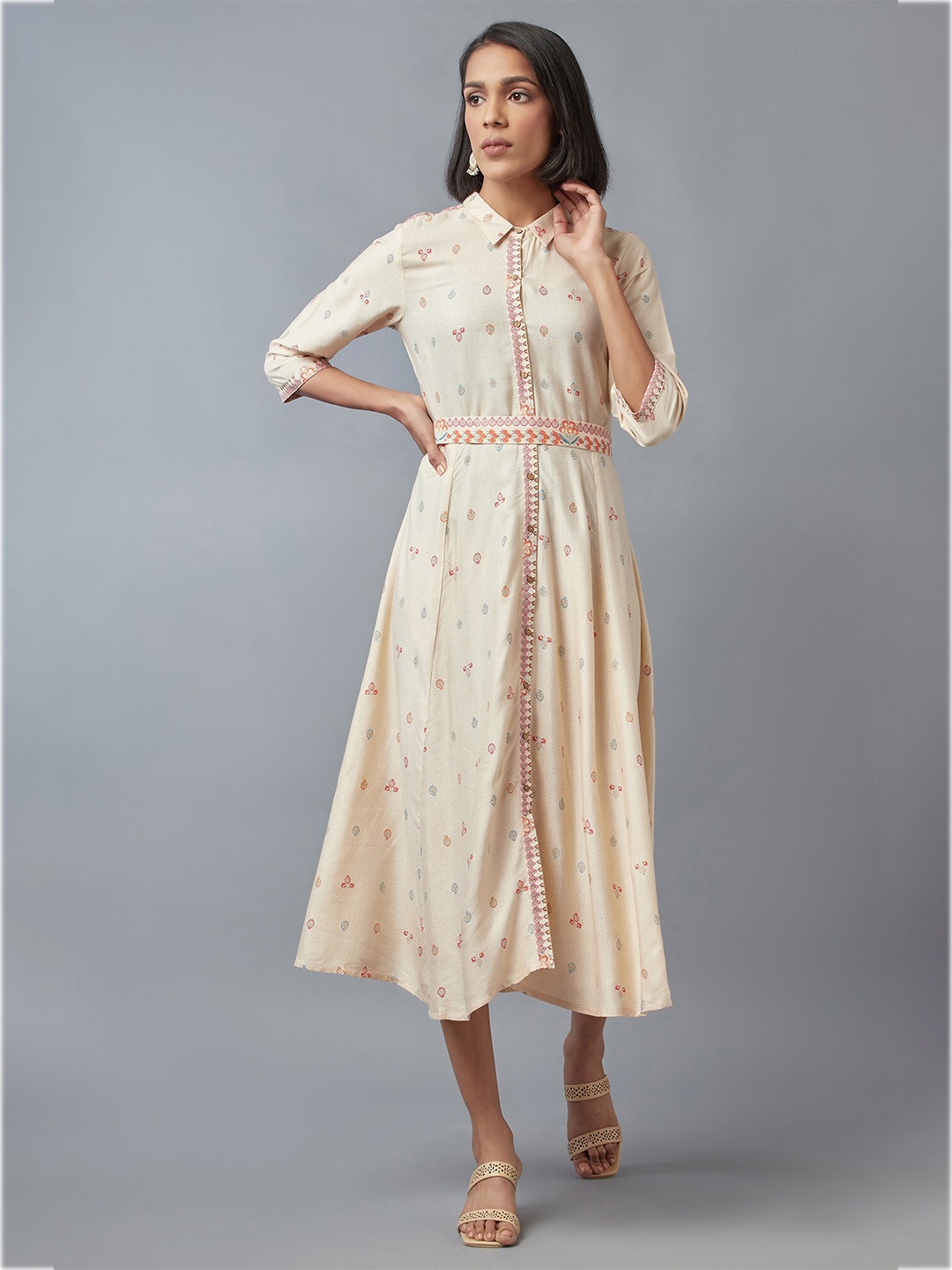 

W White Ethnic Motifs Shirt Midi A-Line Dress