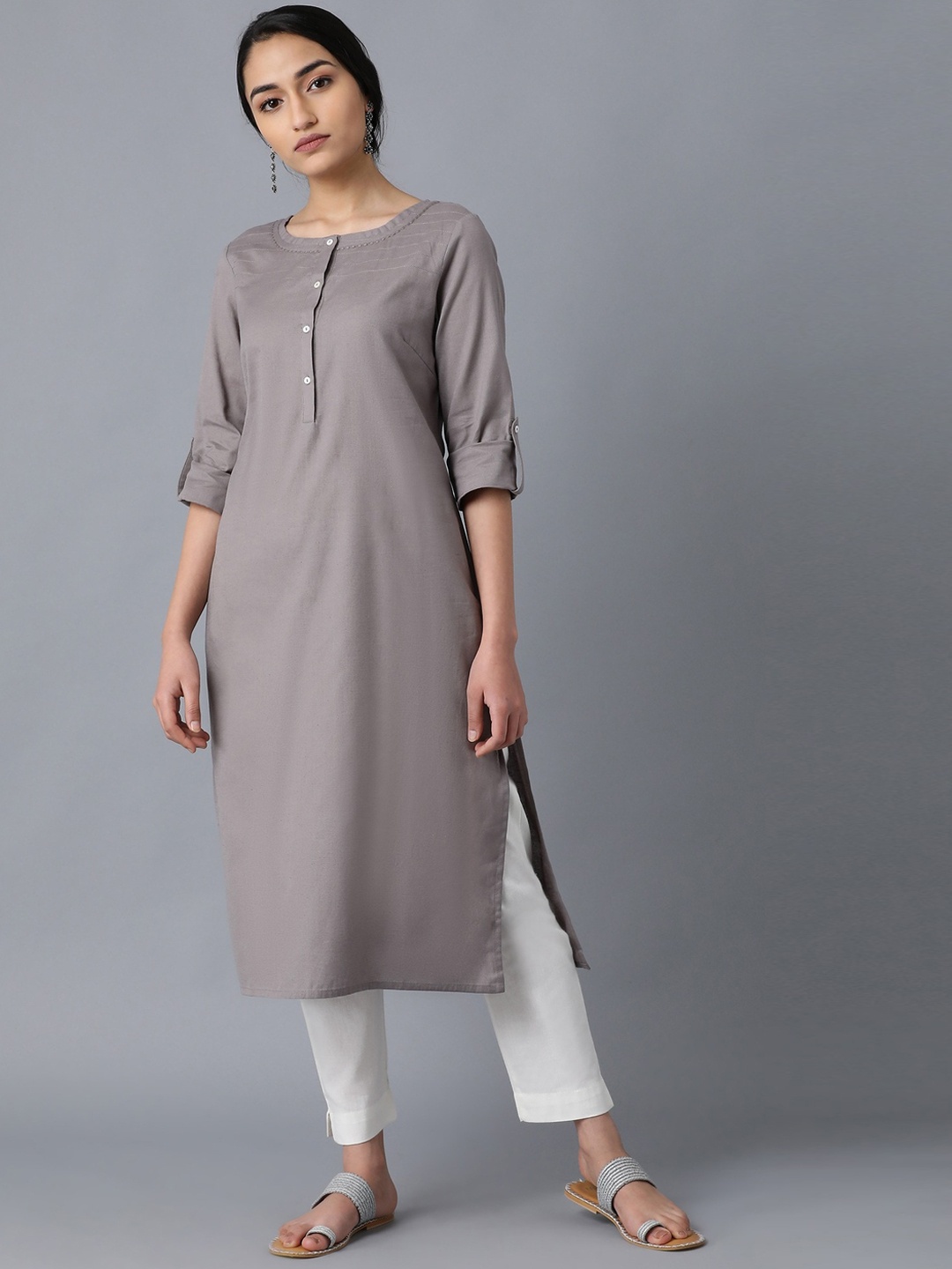 

W Women Solid Roll-Up Sleeves Pathani Kurta, Grey
