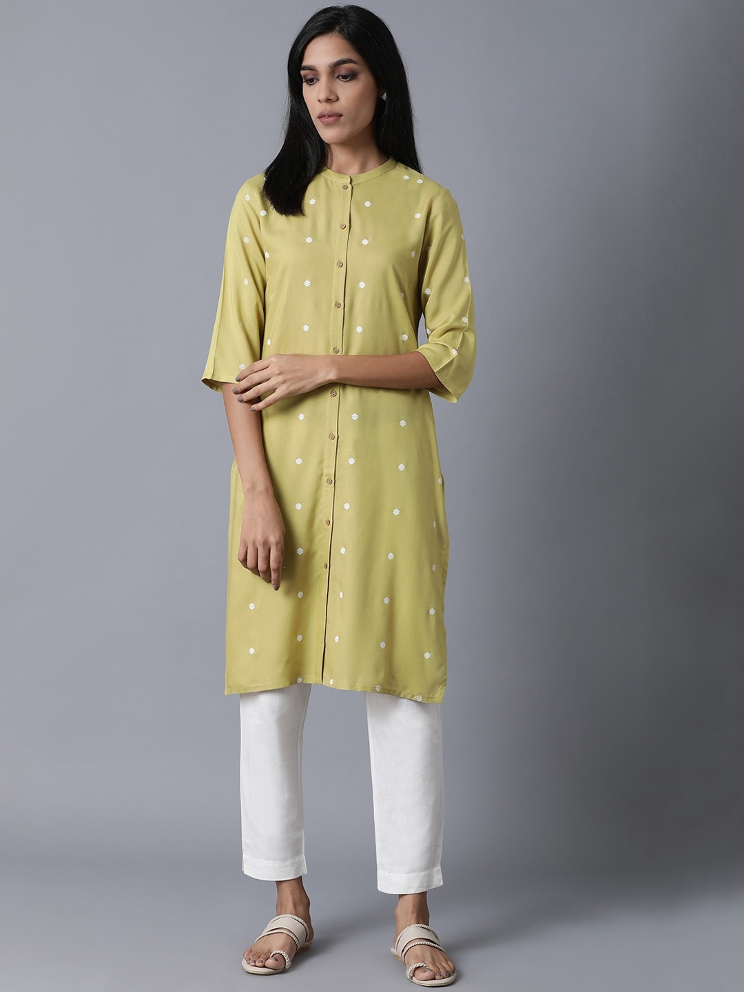 

W Women Plus Size Green & White Geometric Printed Kurta