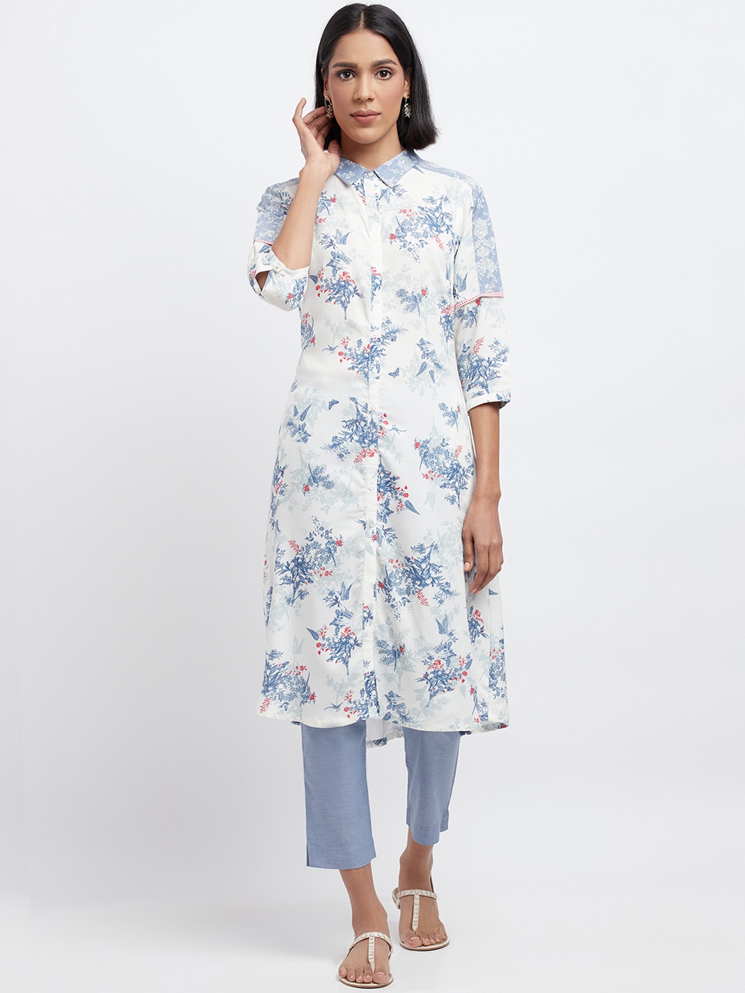 

W Women Floral Printed Shirt Collar Kurta, White