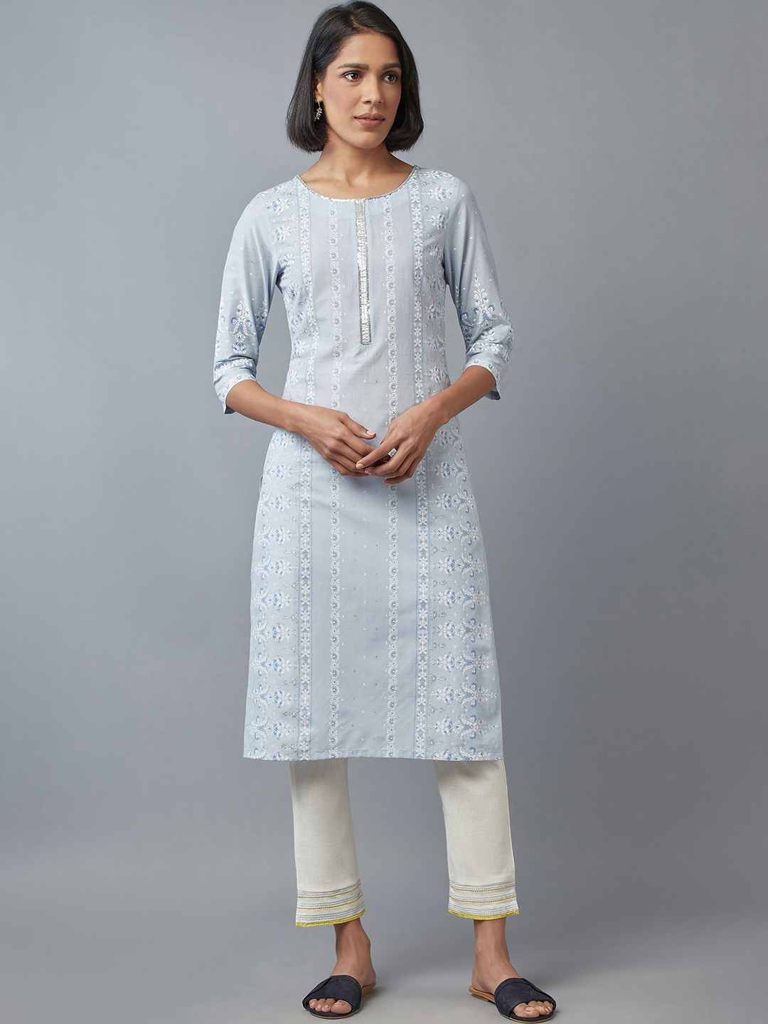 

W Women Blue Ethnic Motifs Woven Design Pure Cotton Kurta