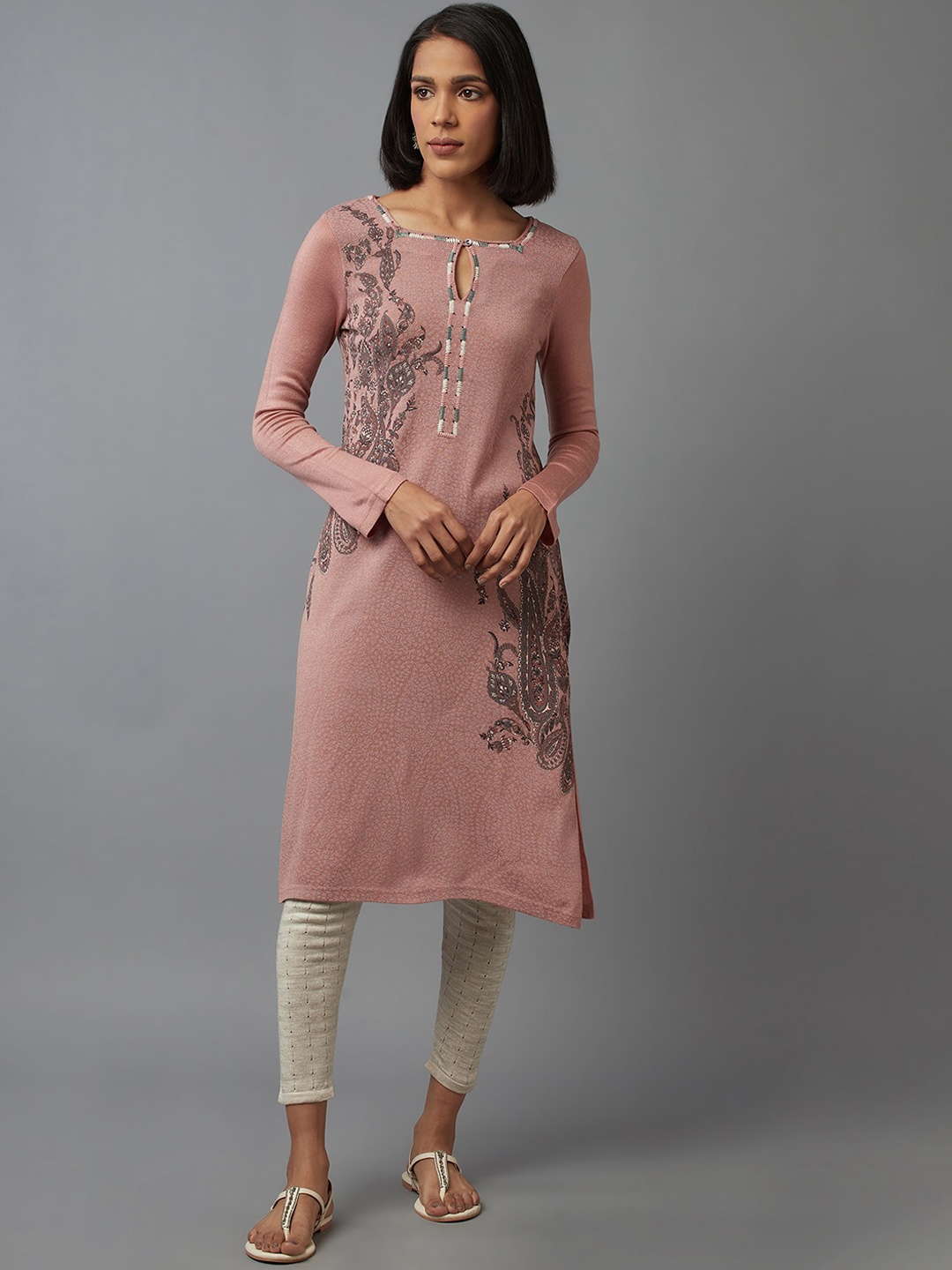 

W Women Pink Geometric Printed Keyhole Neck Thread Work Kurta