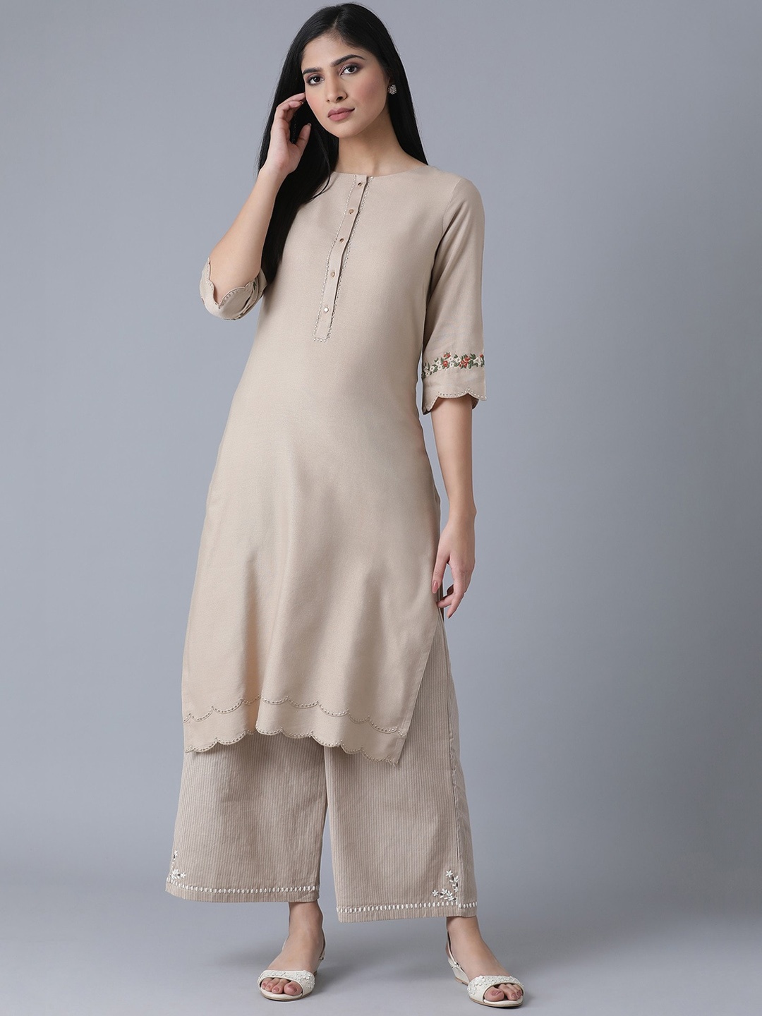 

W Women Beige Striped Keyhole Neck Flared Sleeves Kurta