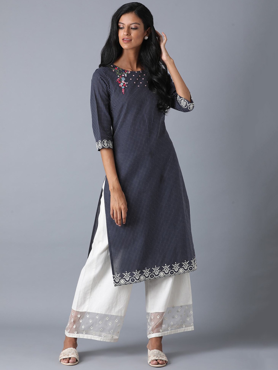 

W Women Blue Geometric Yoke Design Embroidered Kurta