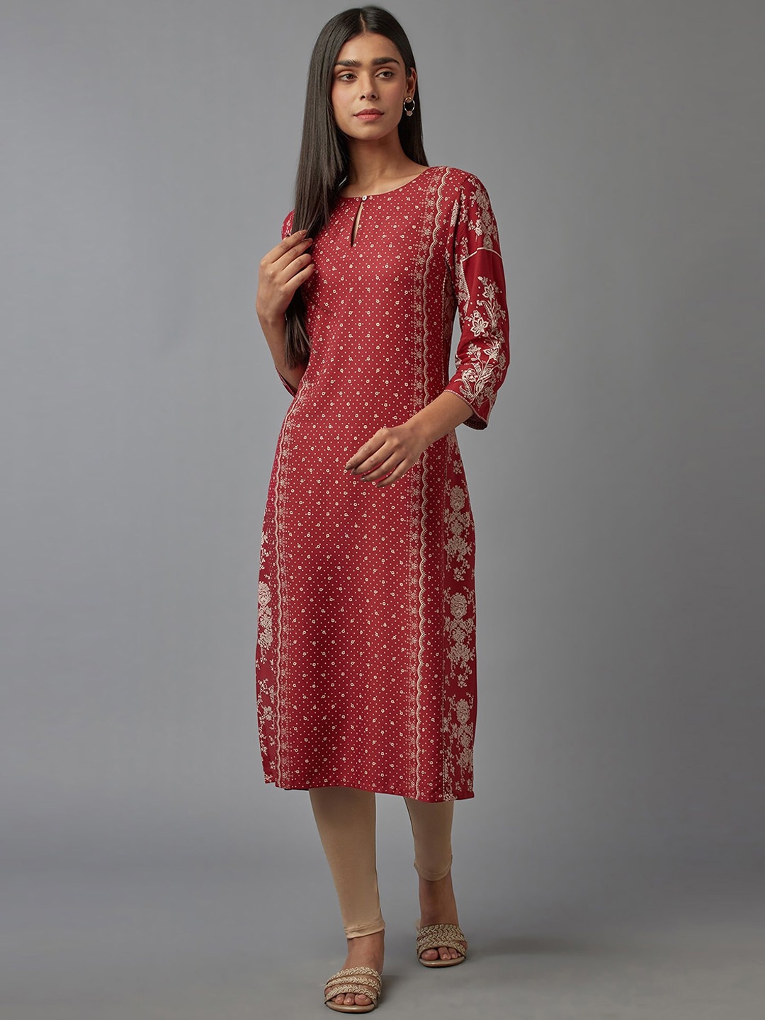 

W Red Ethnic Motifs Printed Keyhole Neck Kurta