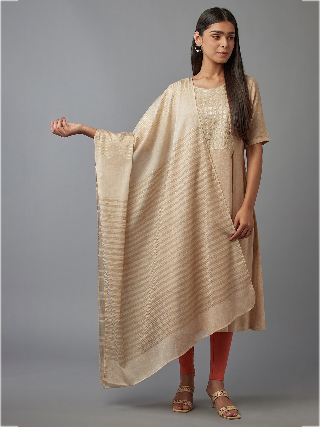 

W Off White Striped Pure Cotton Dupatta