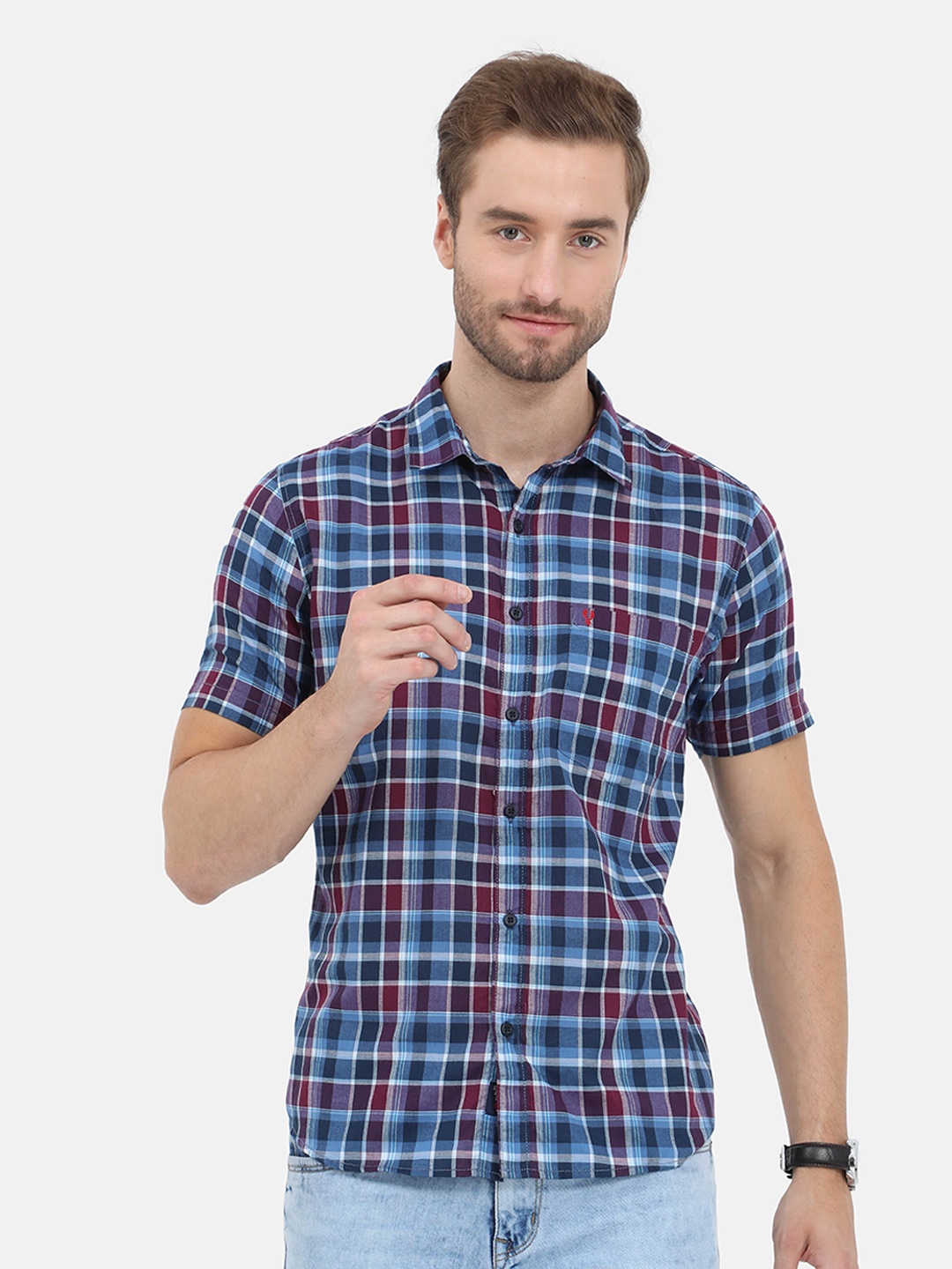 

VUDU Men Navy Blue Comfort Tartan Checked Regular-Fit Casual Shirt