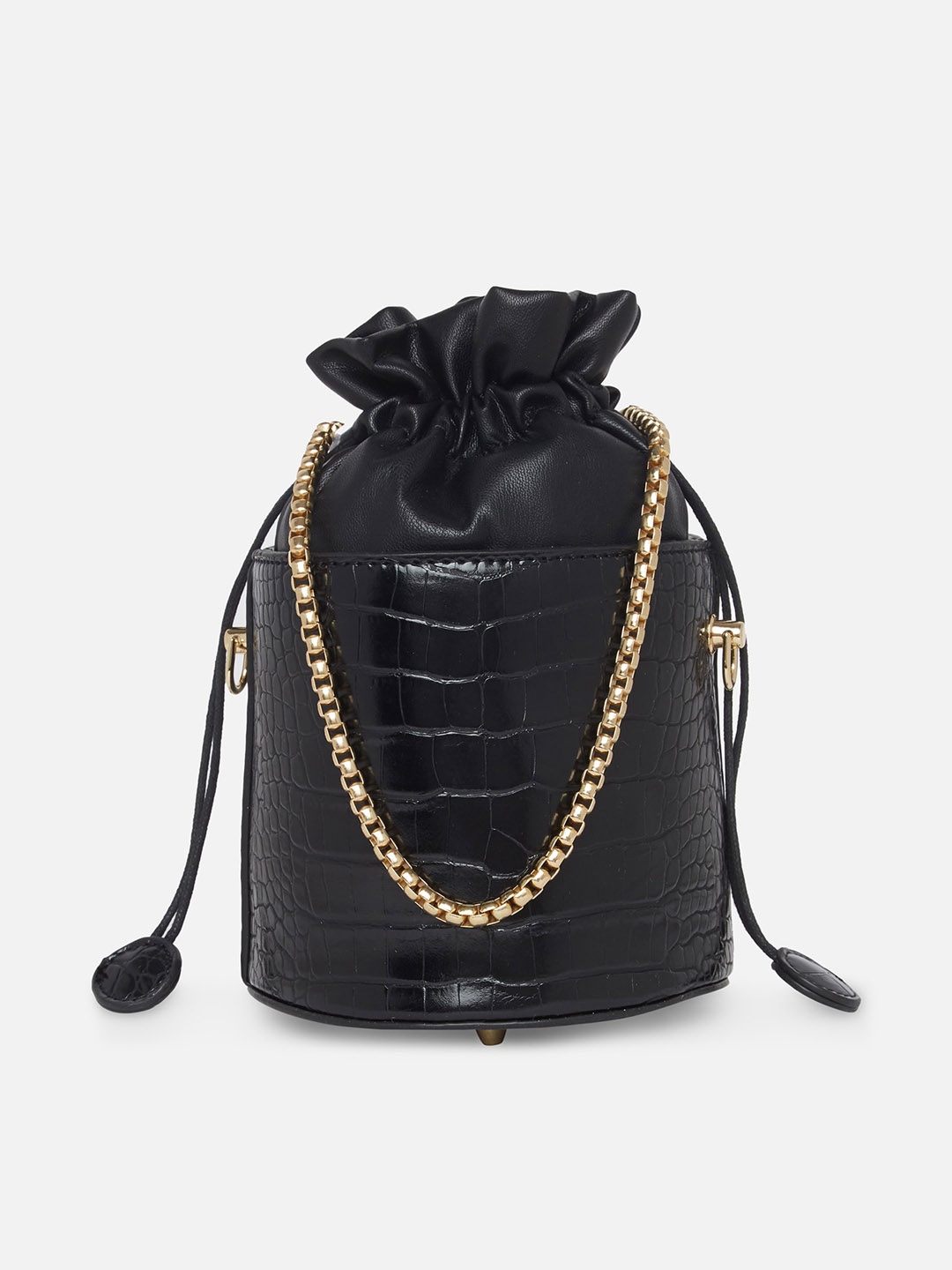 

20Dresses Women Black Textured Bucket Sling Bag With Tasselled