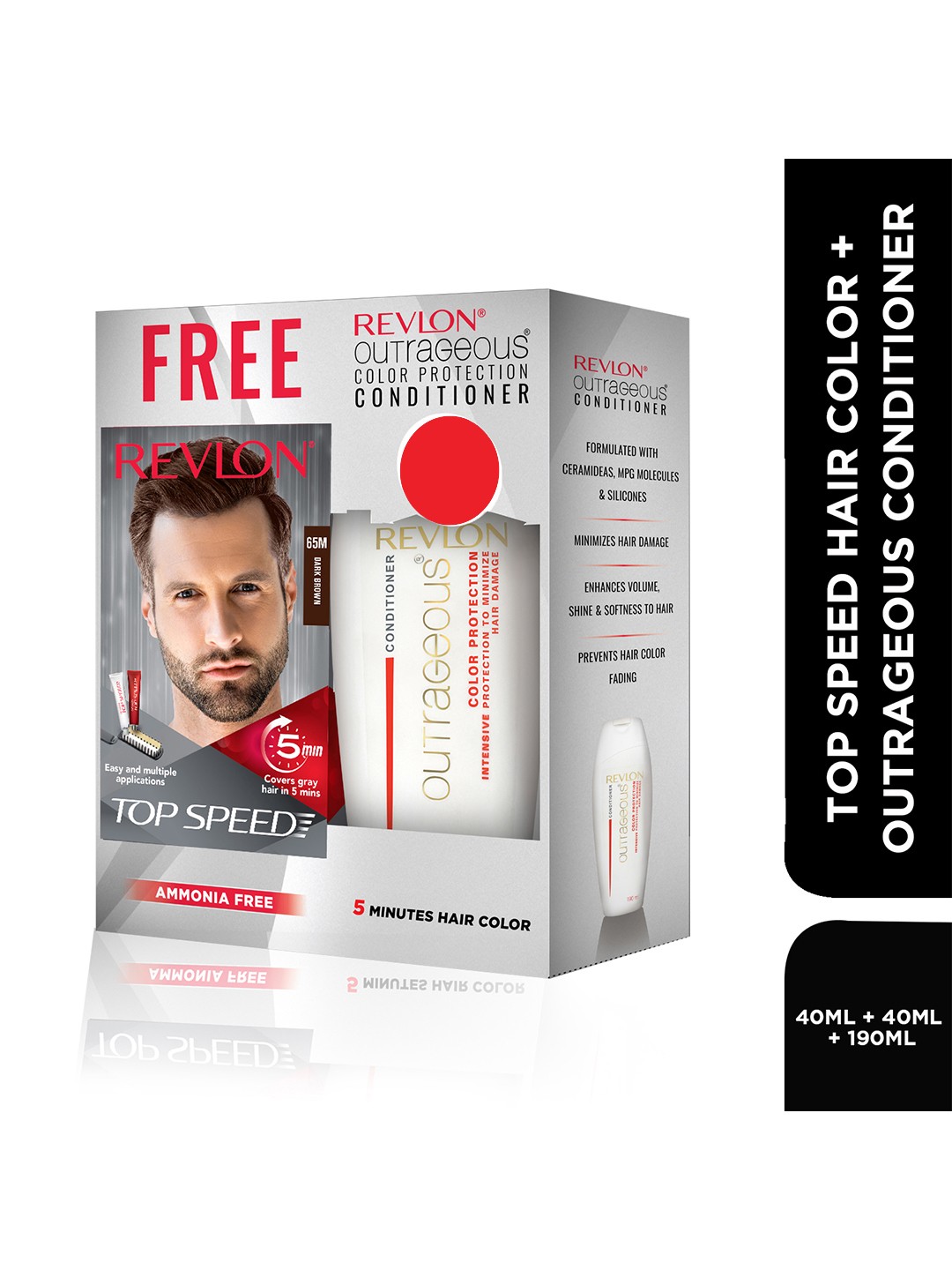 Revlon Men Set of Top Speed Hair Color - Dark Brown 65M & Free Outrageous Conditioner, White