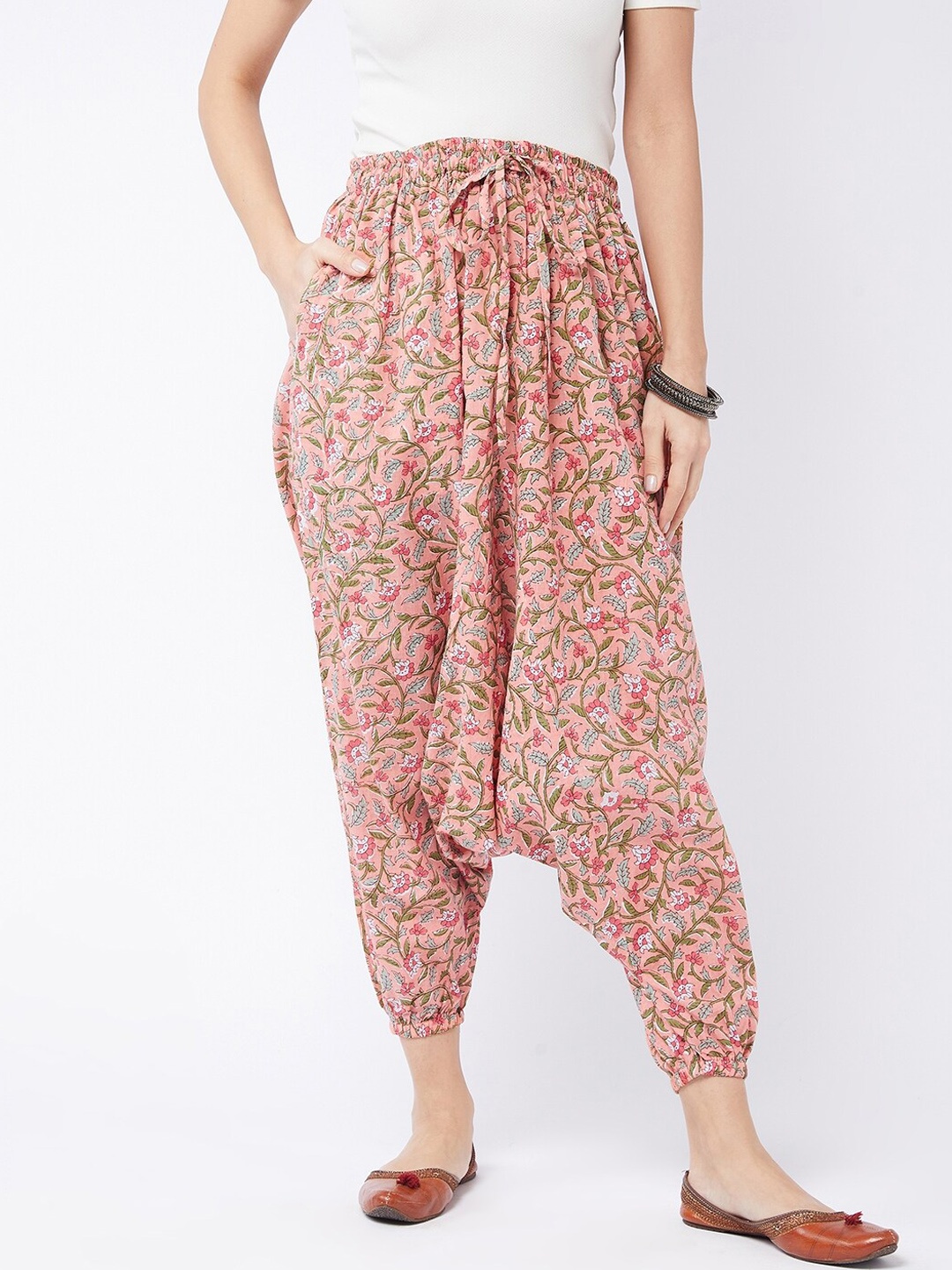 

InWeave Women Peach & Green Printed Cotton Harem Pant