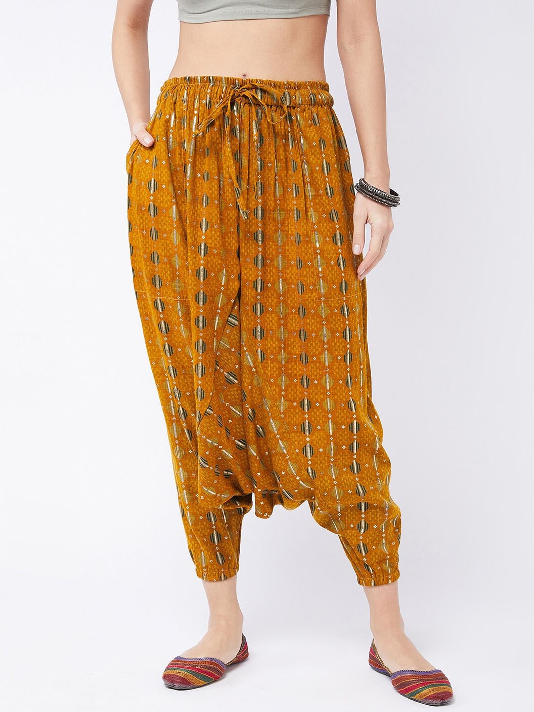 

InWeave Women Mustard-Yellow & Green Printed Cotton Cropped Harem Pants