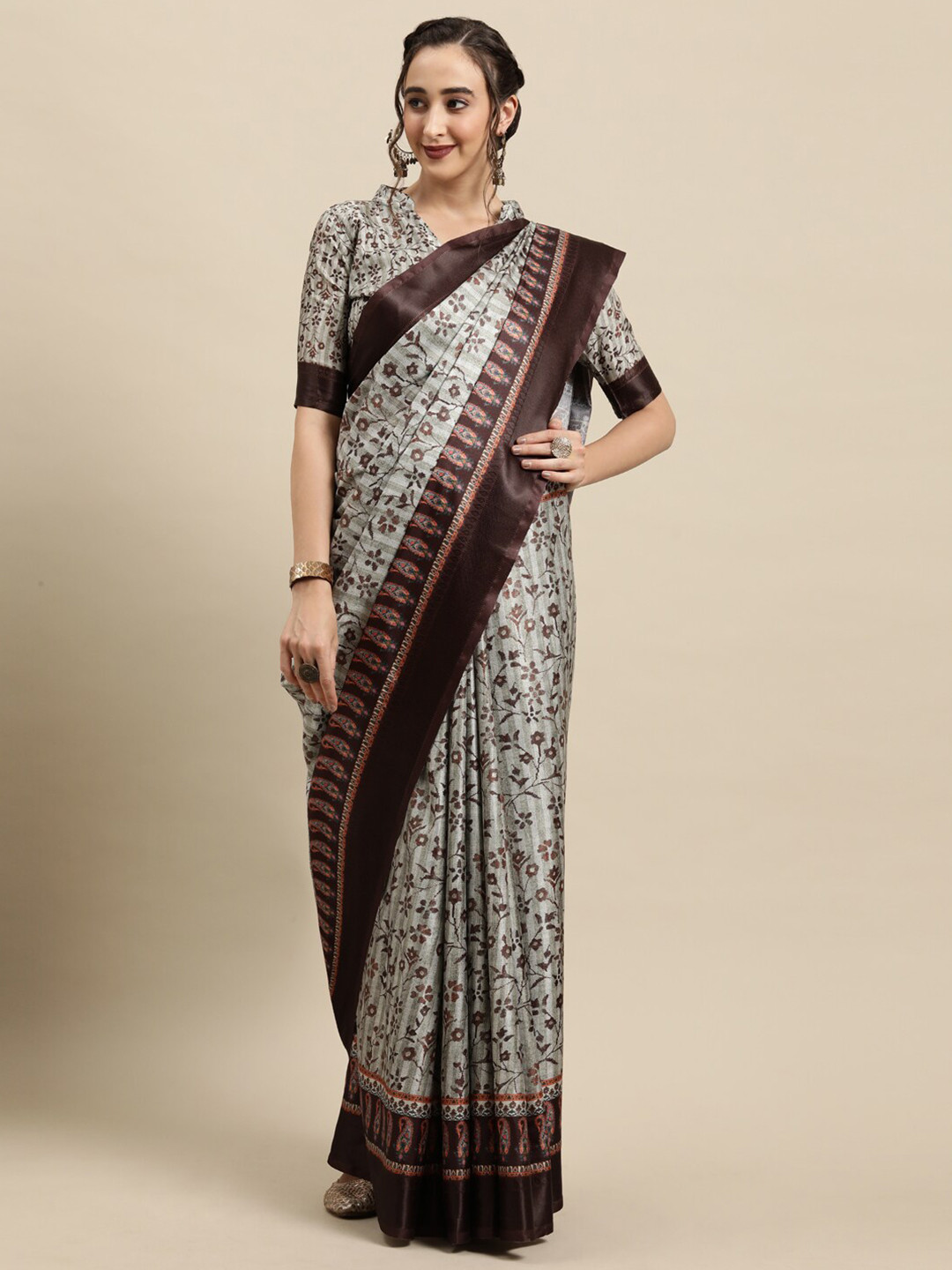 

Saree mall Olive-Green & Coffee Brown Floral Printed Silk Blend Sarees, Grey