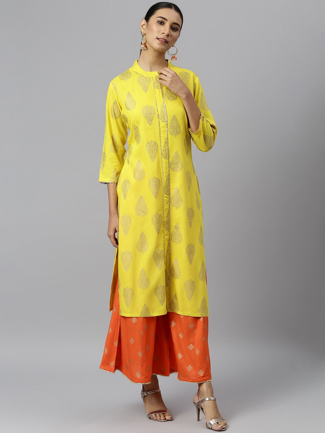 

Khushal K Women Yellow & Orange Ethnic Motifs Printed Gotta Patti Kurta with Palazzos