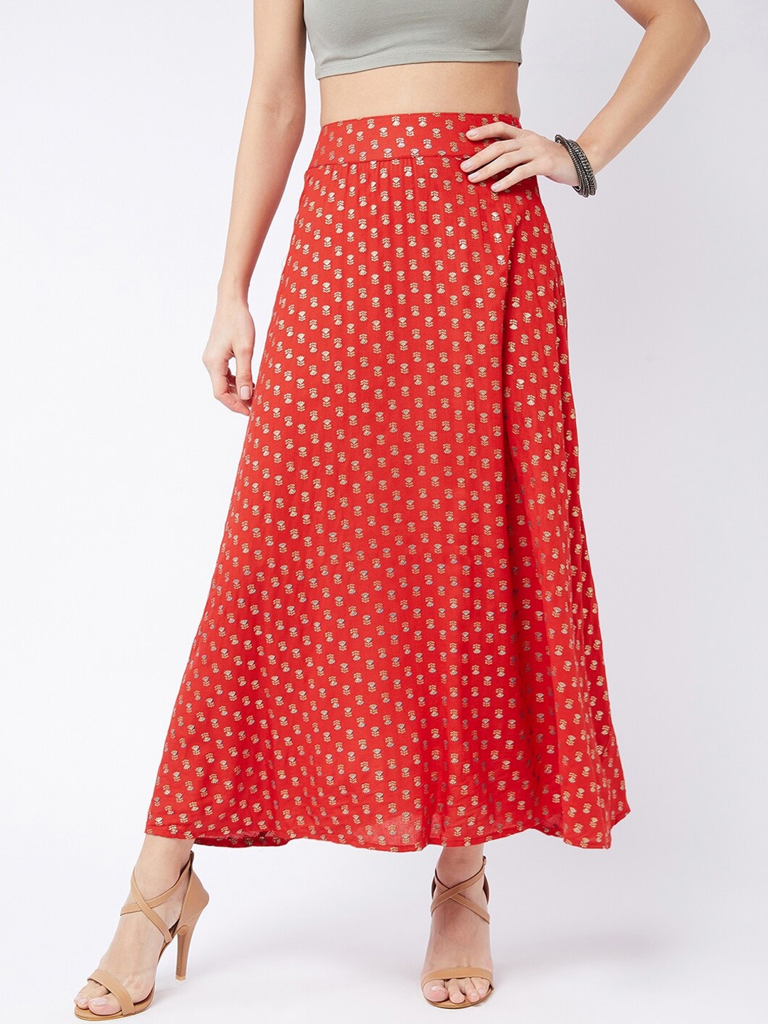 

InWeave Women Red & Gold Printed Flared Midi-Skirt