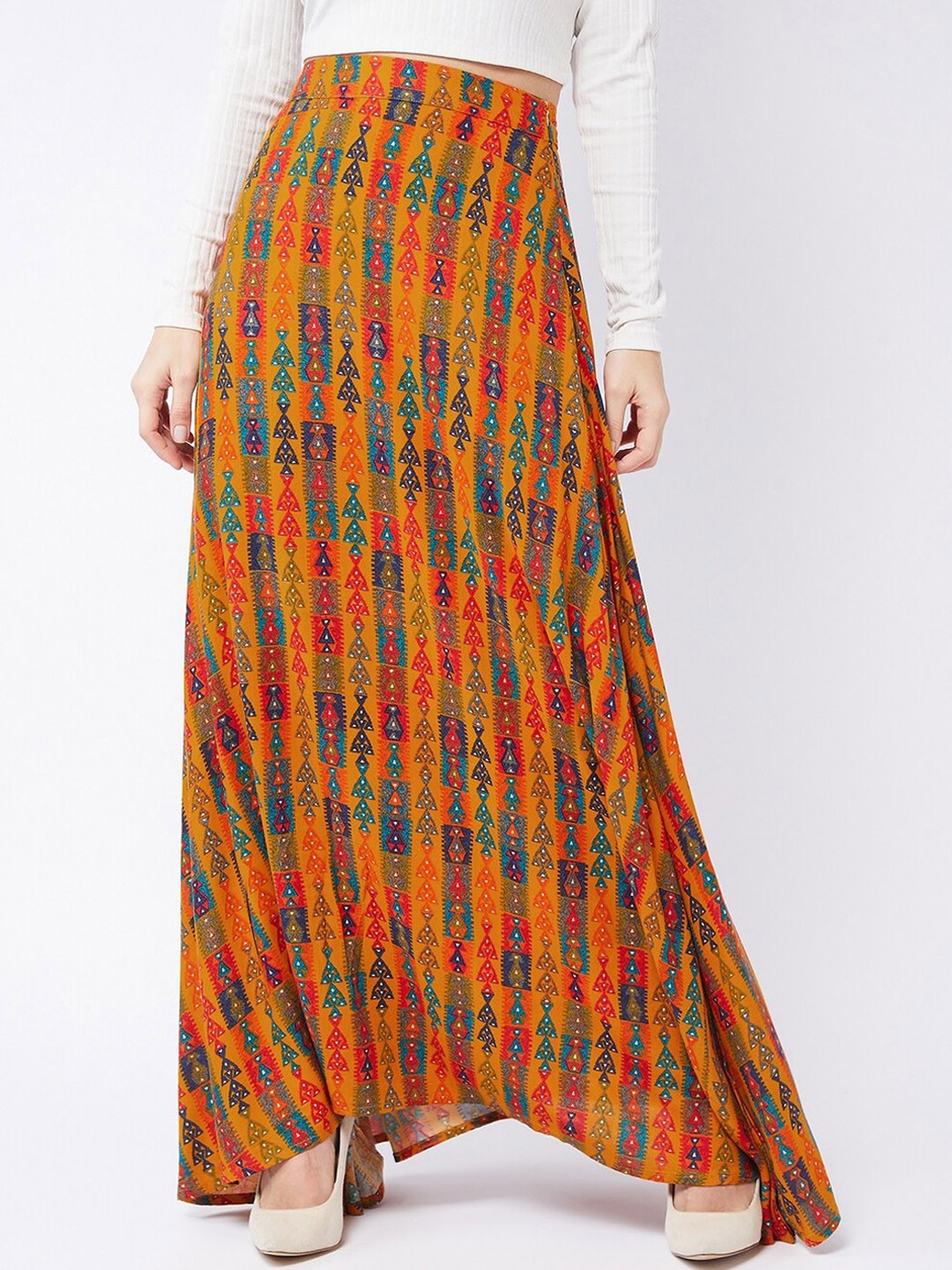 

InWeave Women Mustard Yellow Printed Maxi Skirt