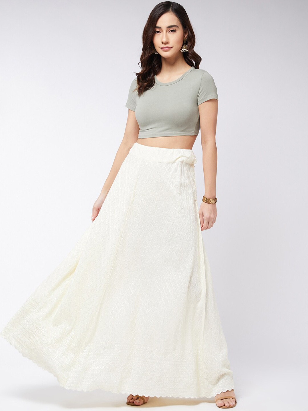 

InWeave Women Cream-Coloured Chikankari Embroidered Flared Maxi-Skirt